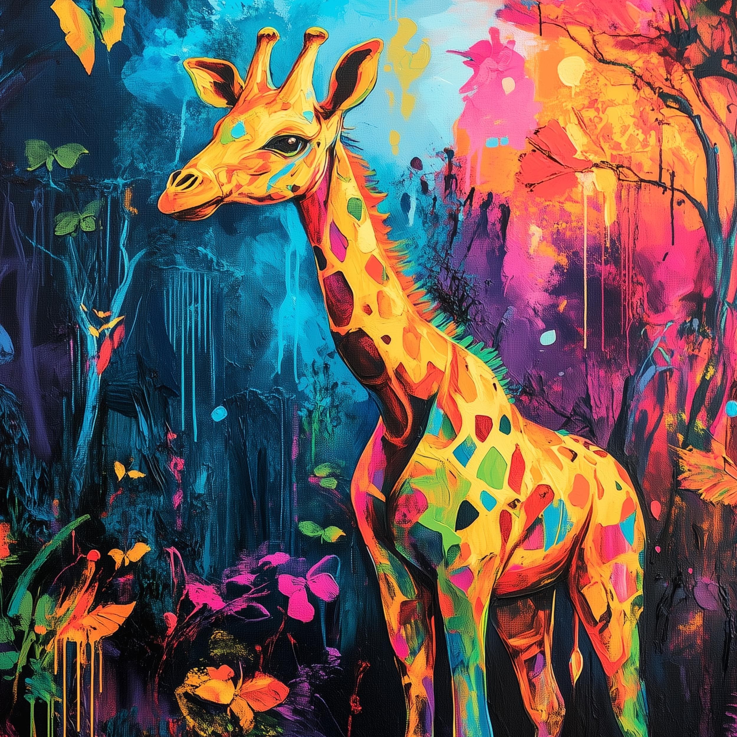 Colorful Giraffe Wall Art, Giraffe Wall Decor, Digital Animal Wall Art, Neon Giraffe in Jungle Poster, Colorful Animal Wall Art, Giraffe Art - view 2
