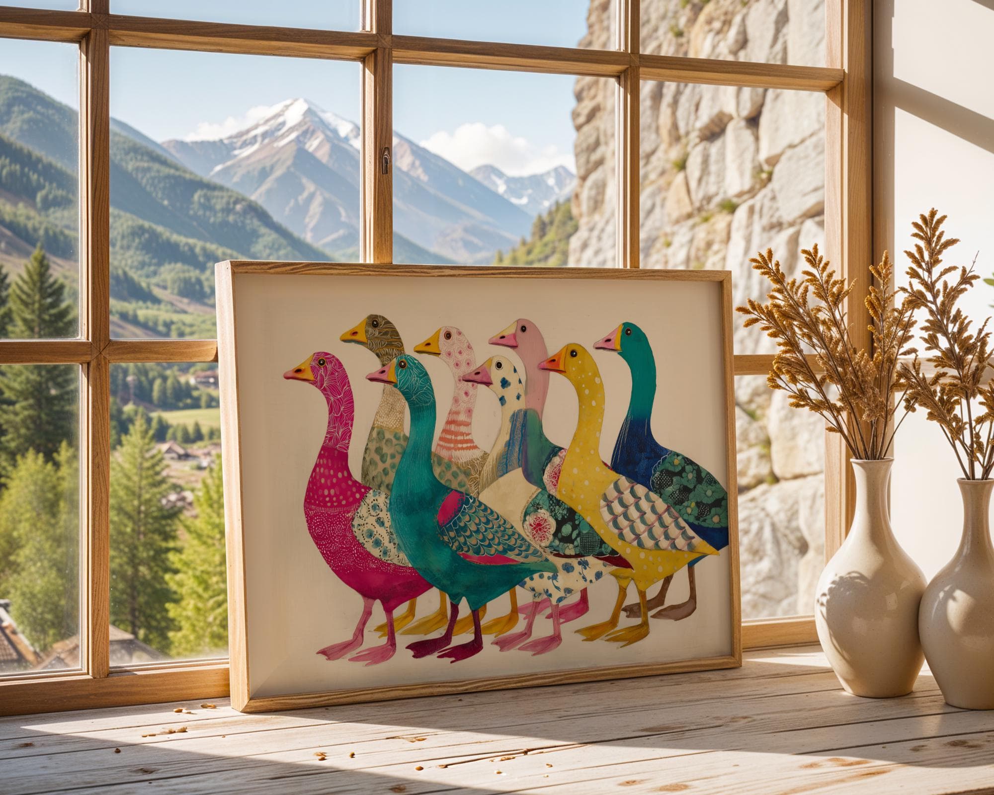 Colorful Goose Parade Art Print - Whimsical Animal Wall Decor, Funky Goose Wall Art, Quirky Goose Gang Poster - Modern Farm Animal Art - view 4