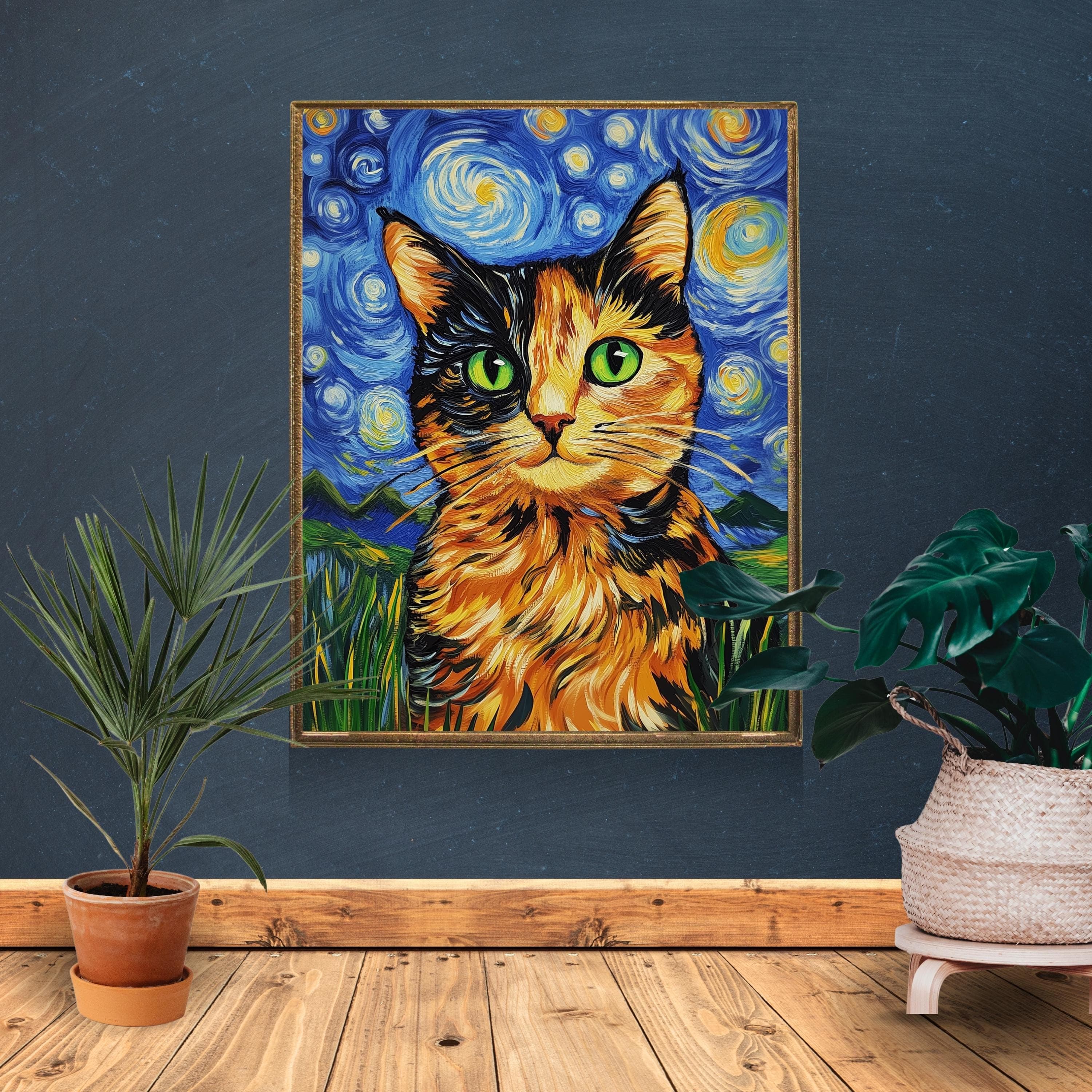 Abstract Cat Wall Art, Van Gogh Inspired Starry Night Cat, Colorful Wall Art Inspired by Van Gogh, Colorful Abstract Cat Painting, Cat Print - view 5
