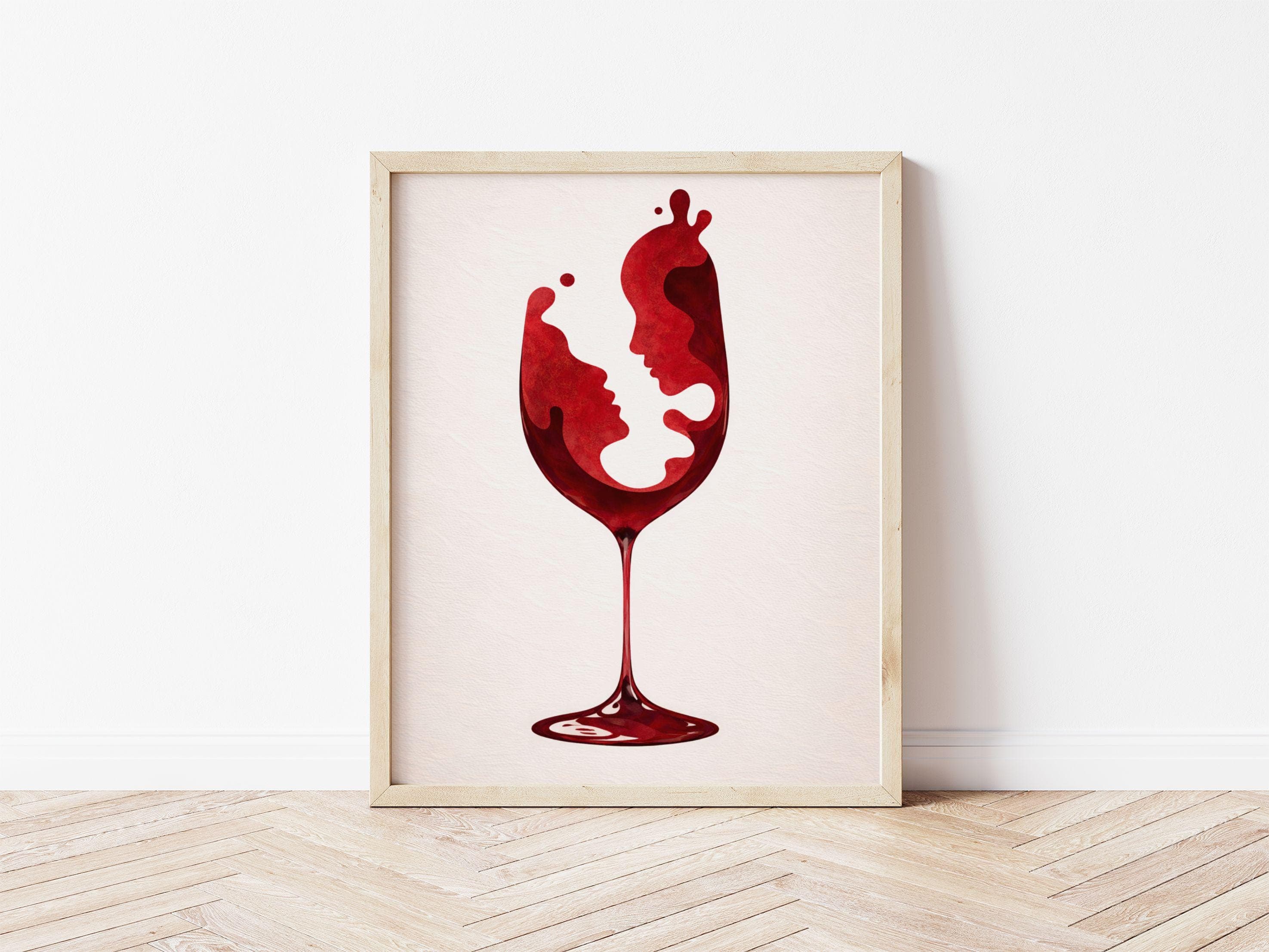 Red Wine Glass Wall Art Print, Romantic Couple Face Abstract Poster, Modern Dining Room Bar Decor, Minimalist Love Art, Bar Cart Decor - view 7