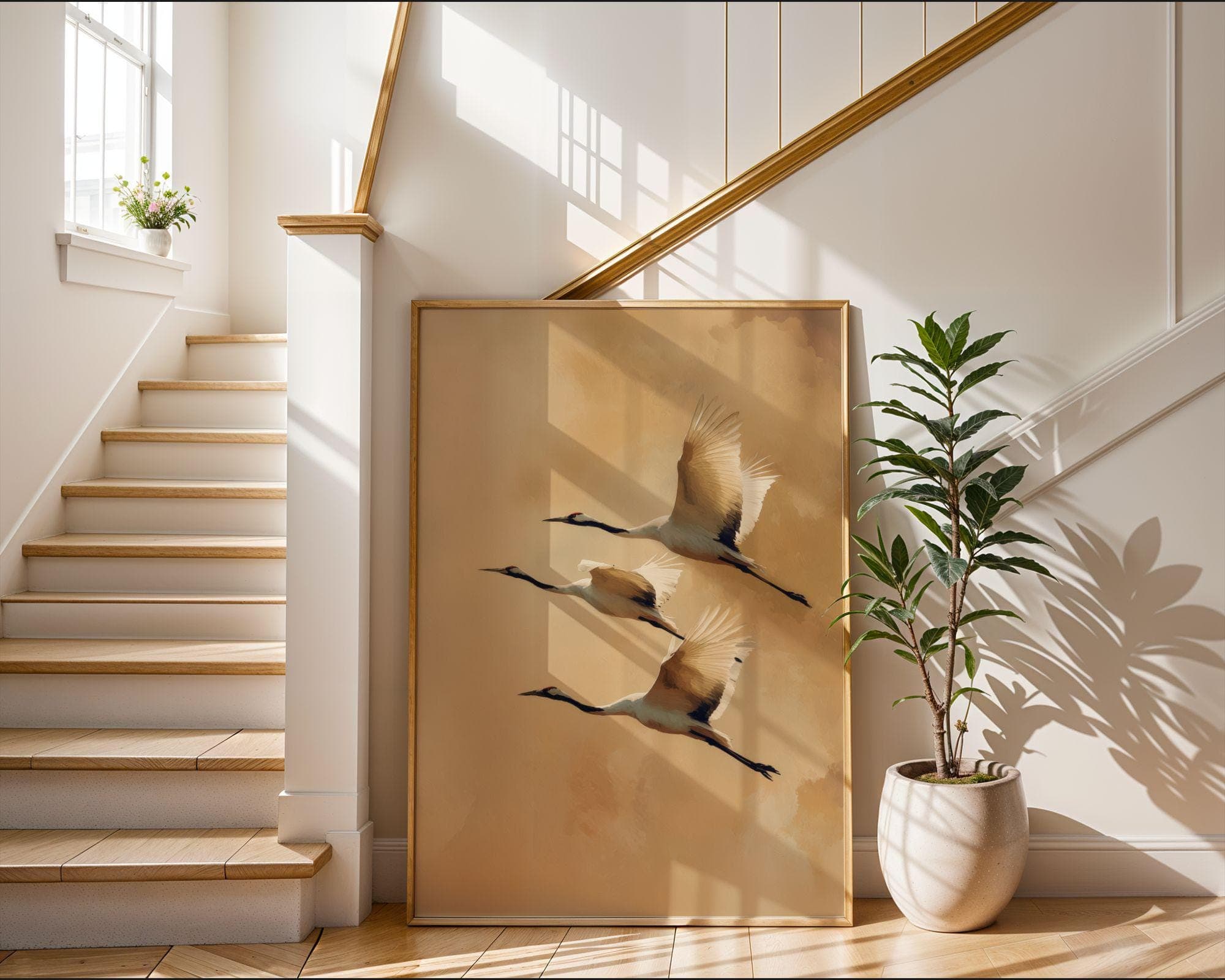 Flying Cranes Wall Art, Japandi Wall Art, Crane Bird Wall Art, Modern Nature Decor, Wabi Sabi Art, Wildlife Bird Wall Art, Zen Nature Decor - view 3