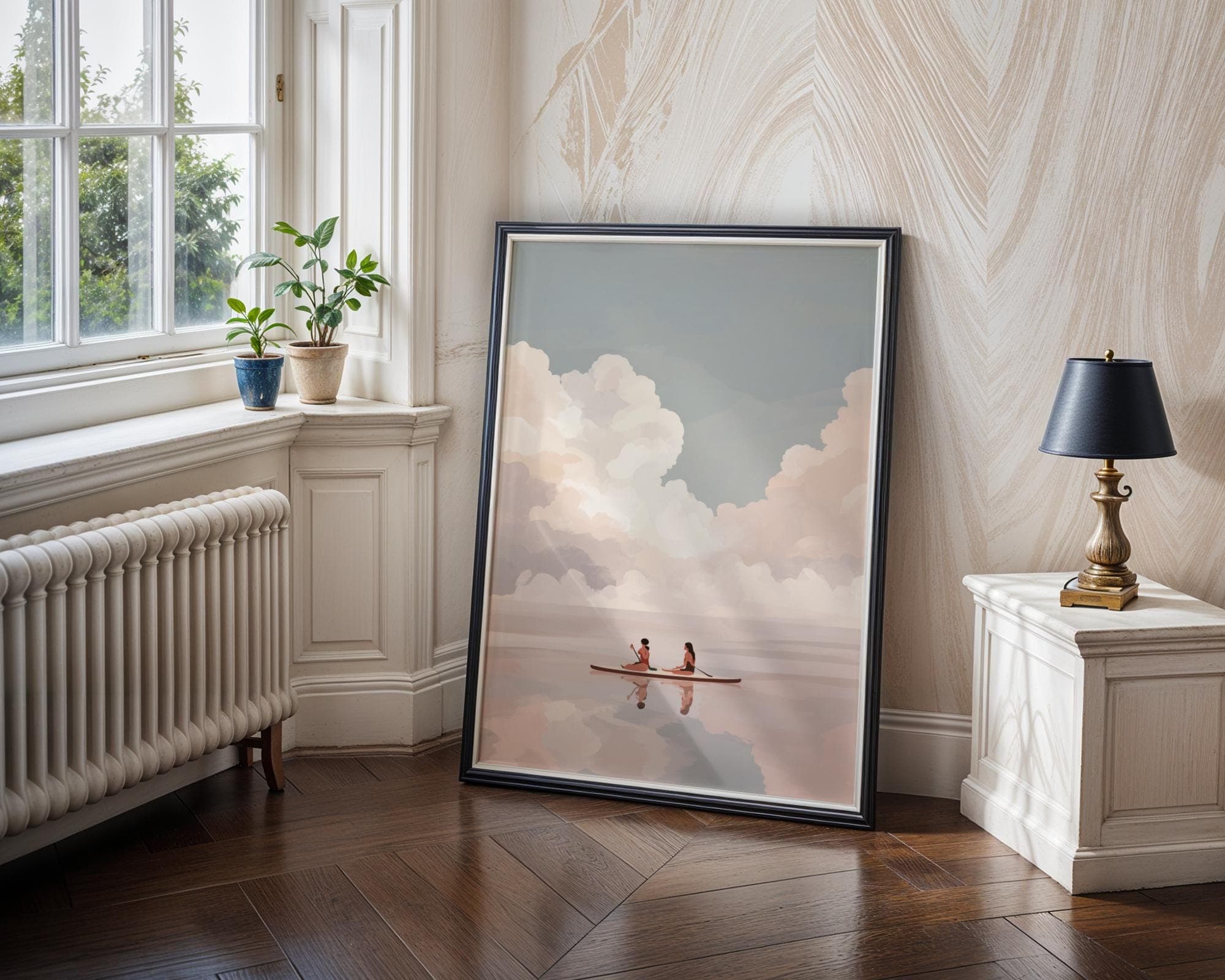 Pastel Paddle Board Wall Art, Two Women Paddle Boarding in Soft Pink Clouds, Relaxing Coastal Wall Print, Aesthetic Beach House Art, Digital - view 6