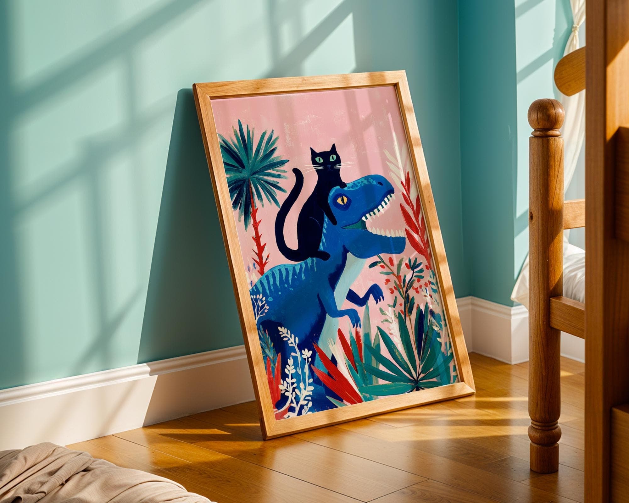 Whimsical Cat Riding Dinosaur Wall Art, Whimsical Black Cat Wall Art, Funny Black Cat Art, Digital Download, Cat and Dino Print, Printable - view 2