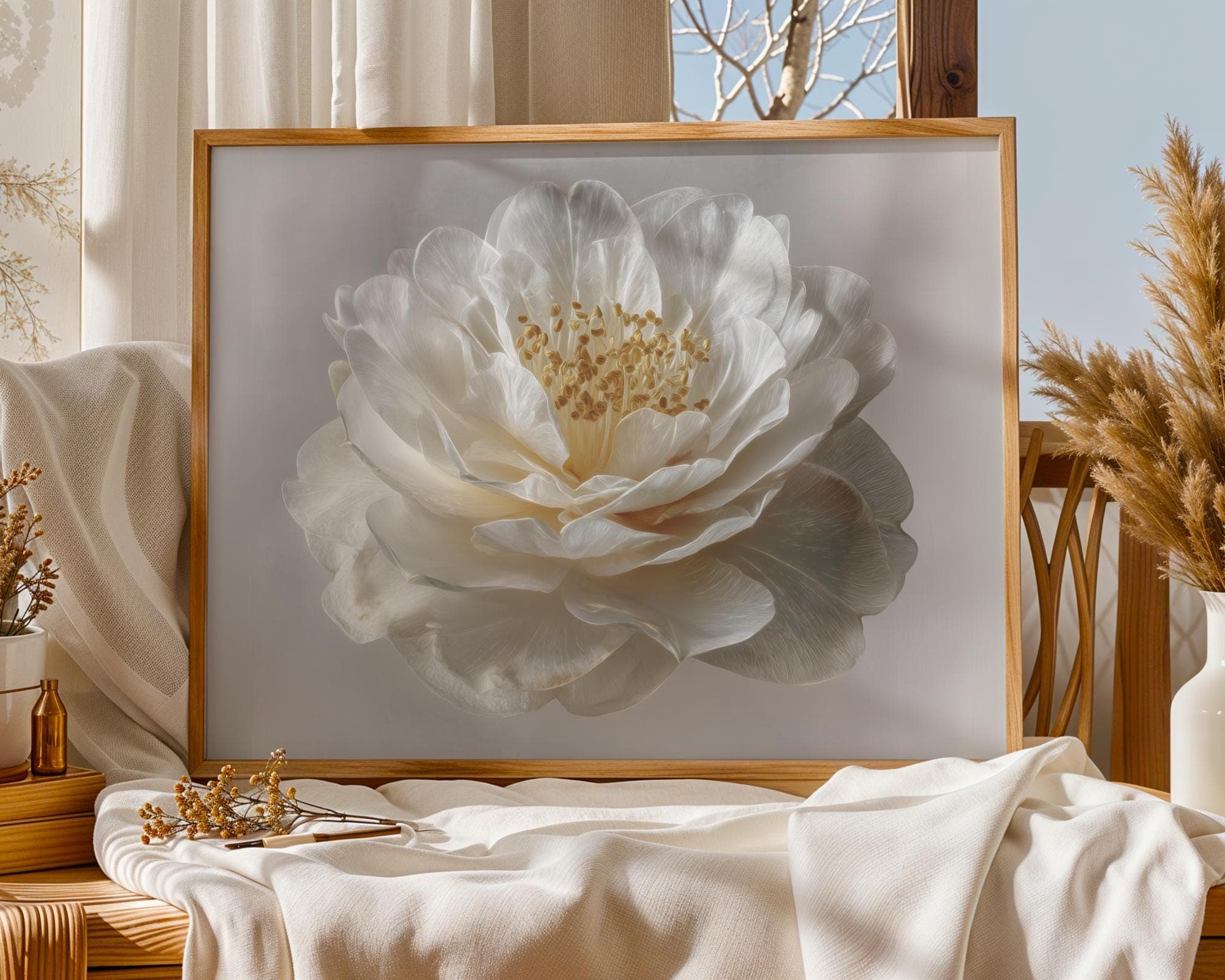 White Peony Wall Art Neutral Botanical Digital Print Minimalist Floral Bedroom Poster, Minimalist Botanical Flower Print,Romantic Floral Art