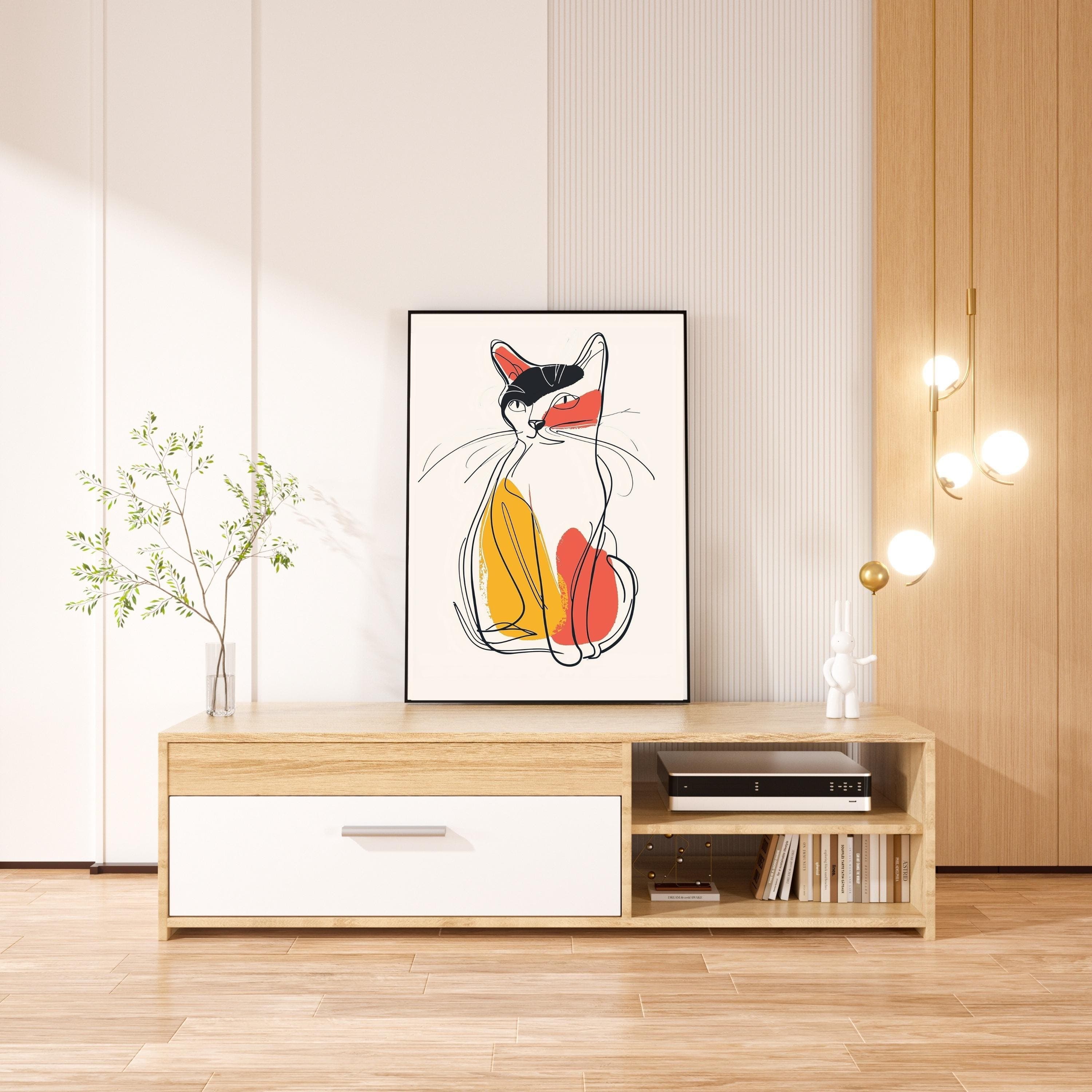 Abstract Cat Poster, Abstract Yellow and Red Cat Illustration, Minimalist Wall Decor, Whimsical Cat Art Print, Minimalist Cat Wall Decor - view 2