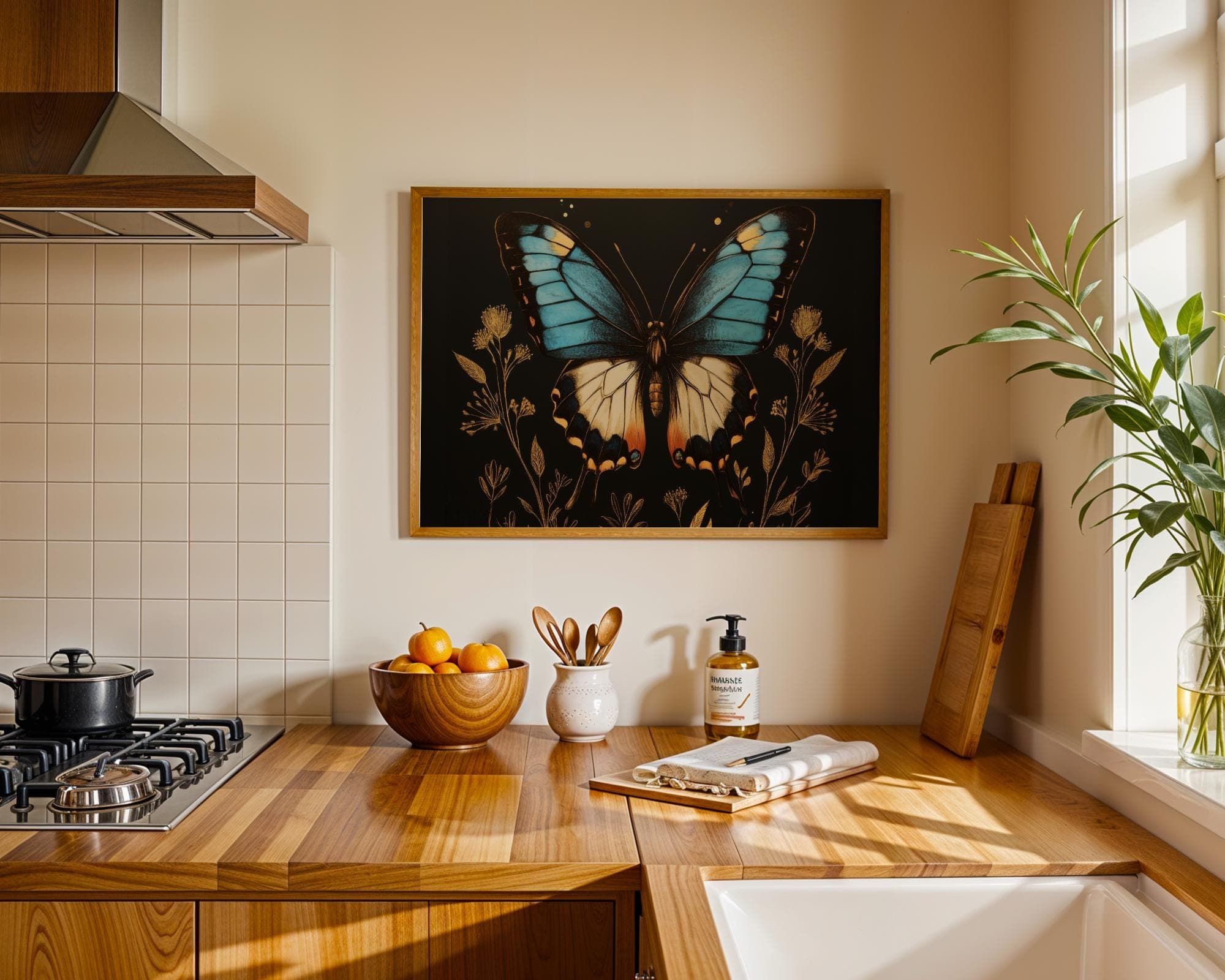 Blue Butterfly Botanical Wall Art Print – Vintage Insect, moody moth wall decor, butterfly printable, boho floral woodland moth cottagecore - view 4