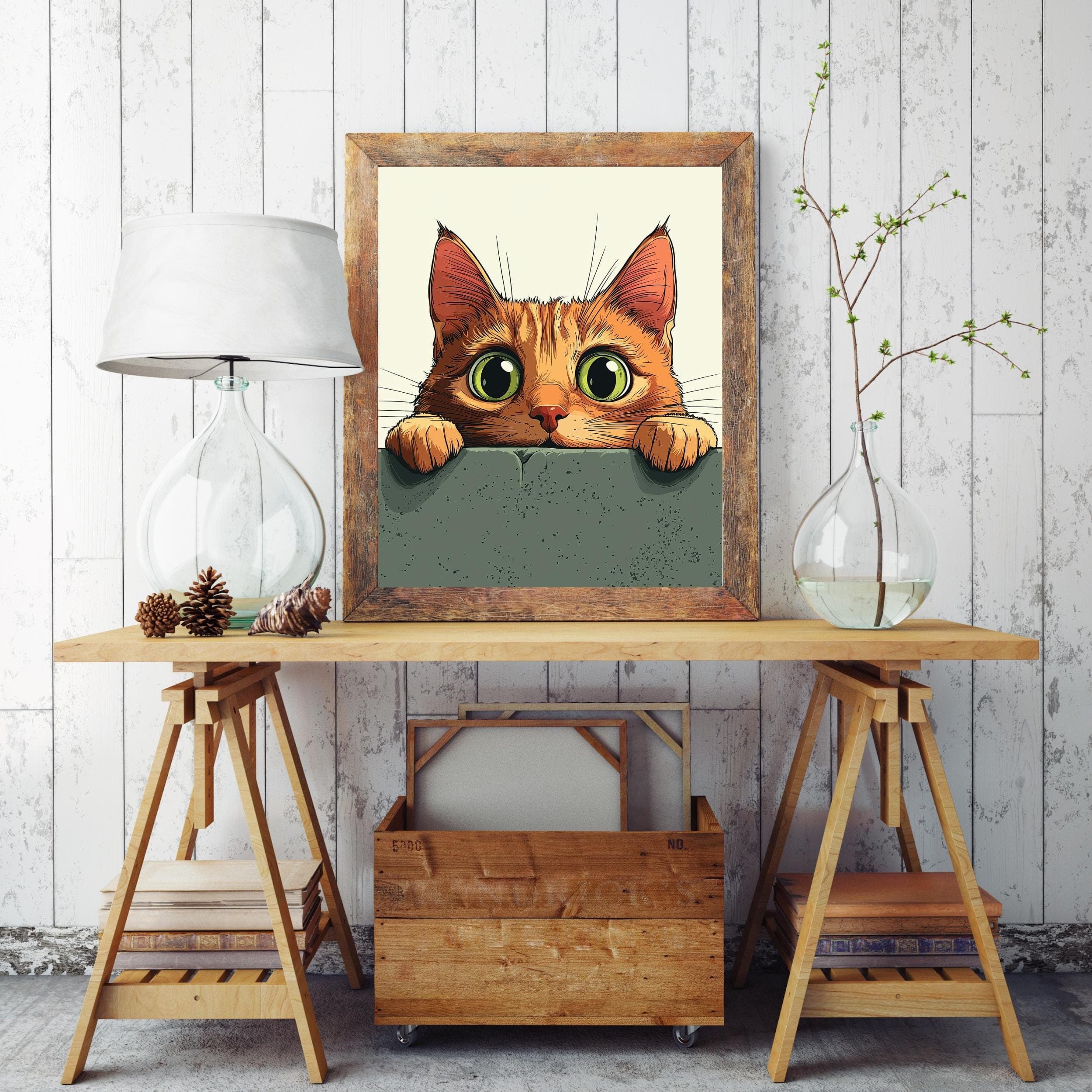 Whimsical Cat Peeking Art Print, Colorful Digital Wall Decor, Cute Cat Peeking Wall Art,  Playful Wall Decor for Kids' Room, Ginger Cat Art - view 6