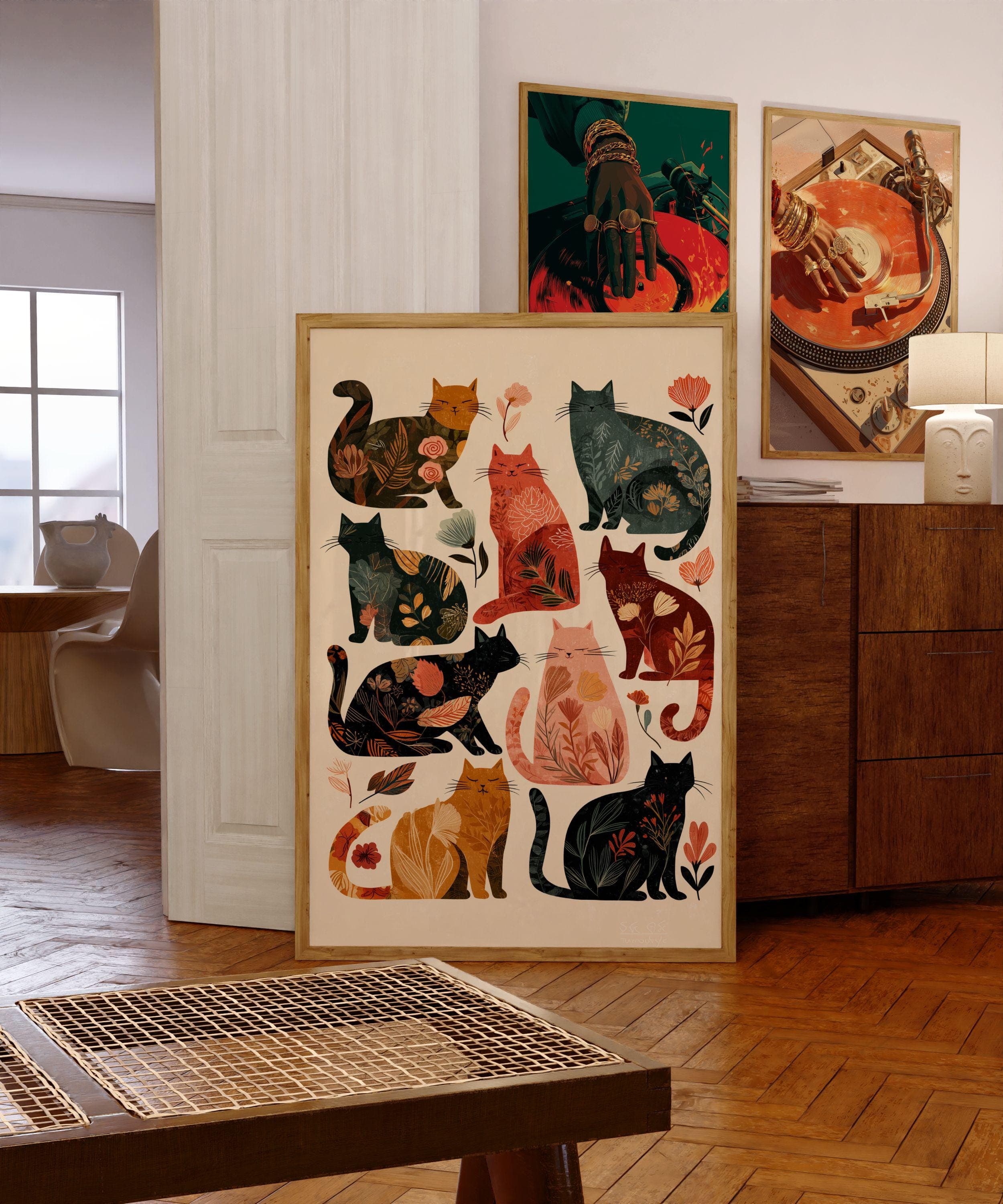 Floral Cat Art Print, Boho Floral Cat Art, Bohemian Cat Wall Print, Whimsical Cat Art Print, Abstract Cat Wall Art, Modern Pop Art Cats Art