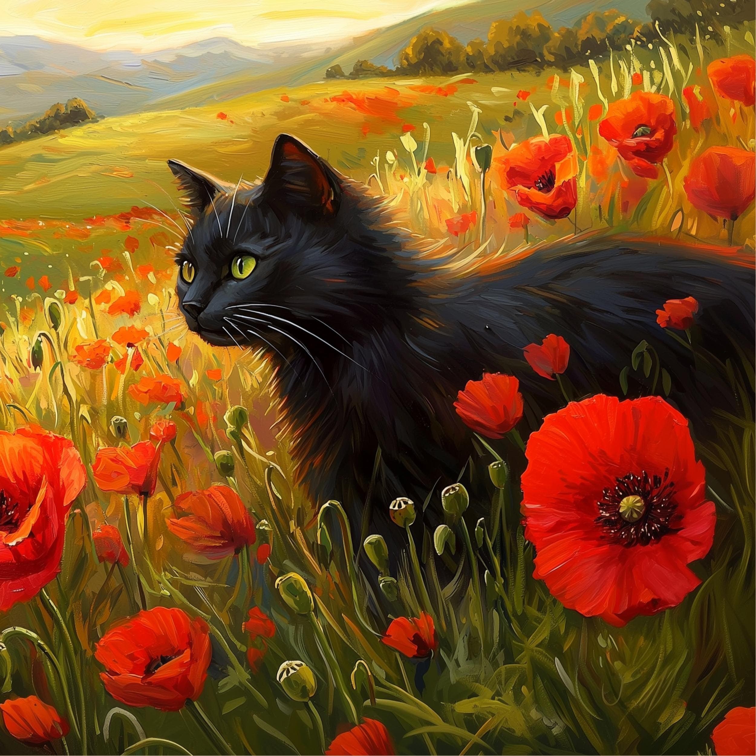 Black Cat Floral Art, Vintage Black Cat Printable Wall Art, Colorful Animal Landscape Wall Art, Unframed, Digital Wall Art, Black Cat Poster - view 3