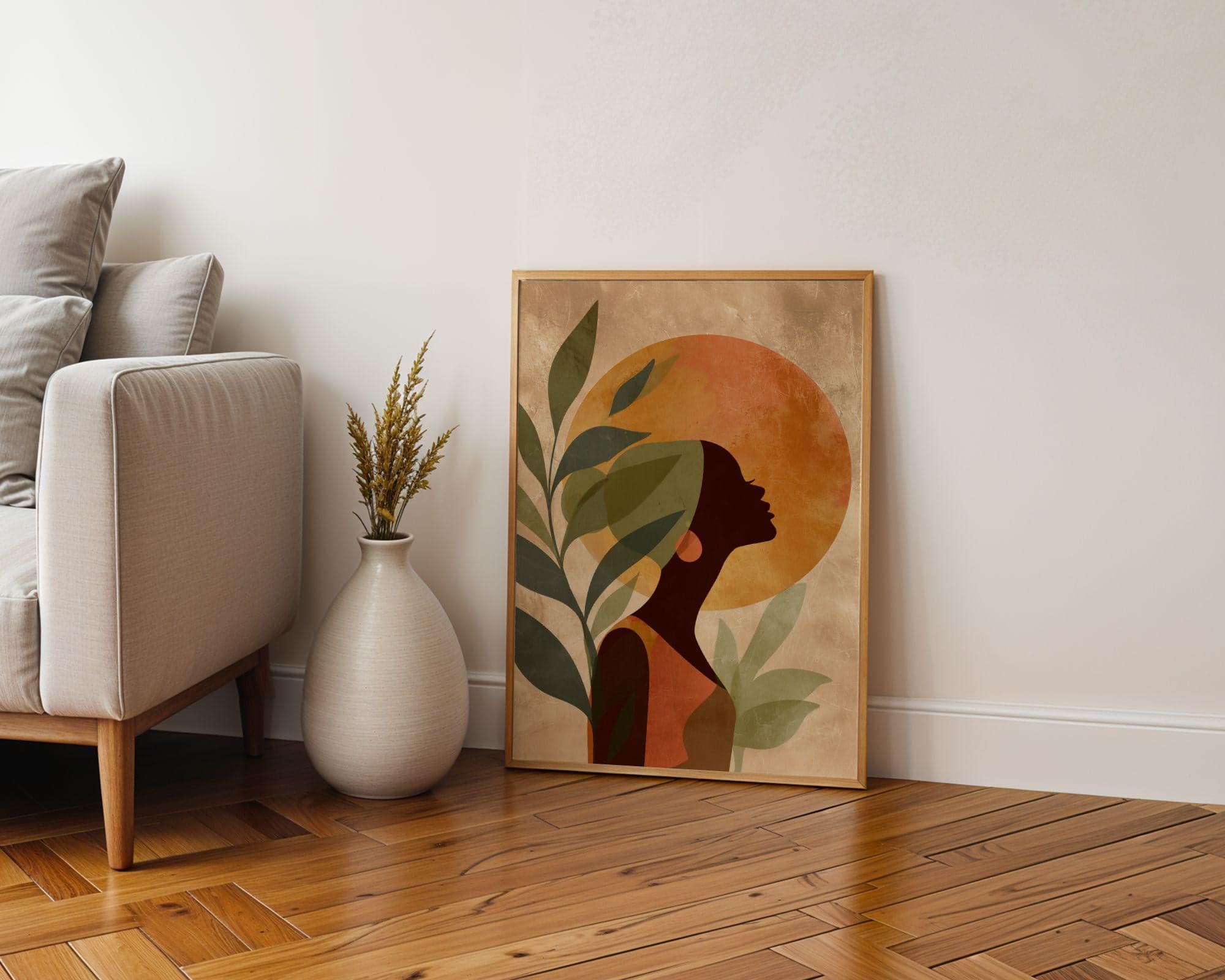 Black Woman Wall Art, Botanical Afro Silhouette, Orange Sun Print, Earth Tone Minimal Modern Print, Afro Woman Wall Art, Feminine Wall Art - view 4