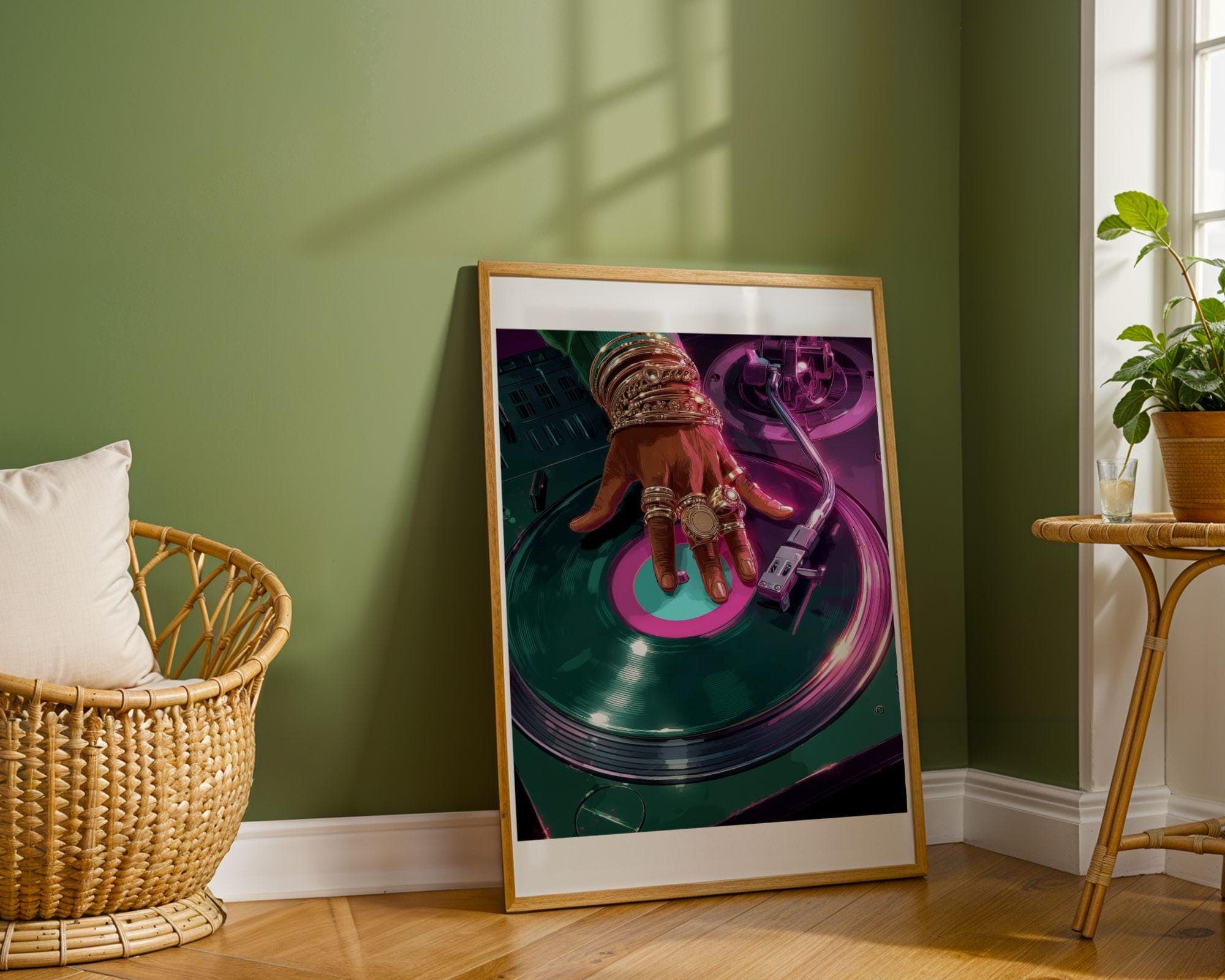 Retro Turntable Art – Pink and Green Vinyl Wall Print, Modern Retro Wall Print – Neon Turntable DJ Poster, Contemporary Vinyl Art - view 3