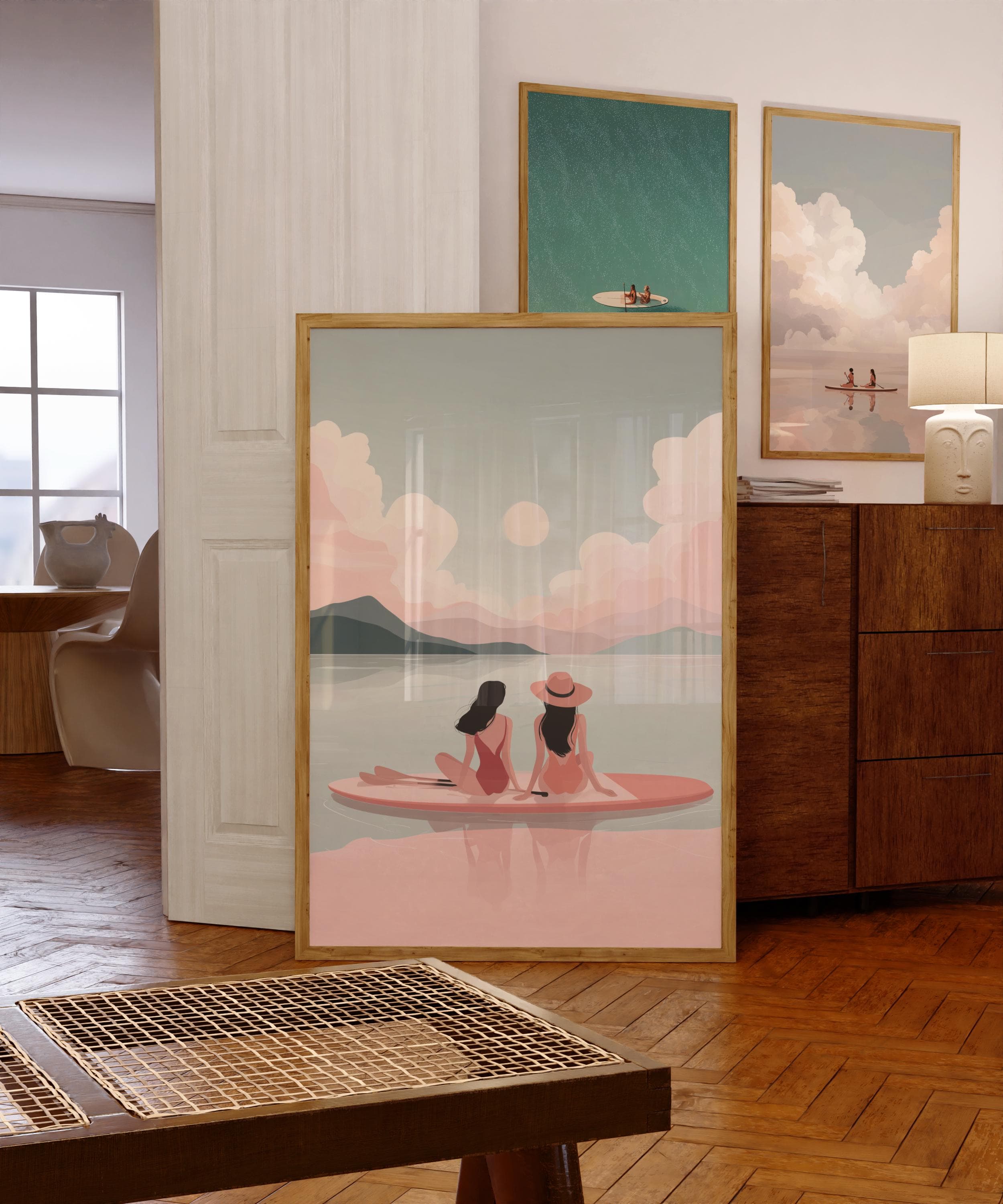Sunset Paddle Board Wall Art – Pastel Coastal Print for Beach Decor, Minimalist Beach Print with Two Women, Soft Pink Ocean Paddleboard Art