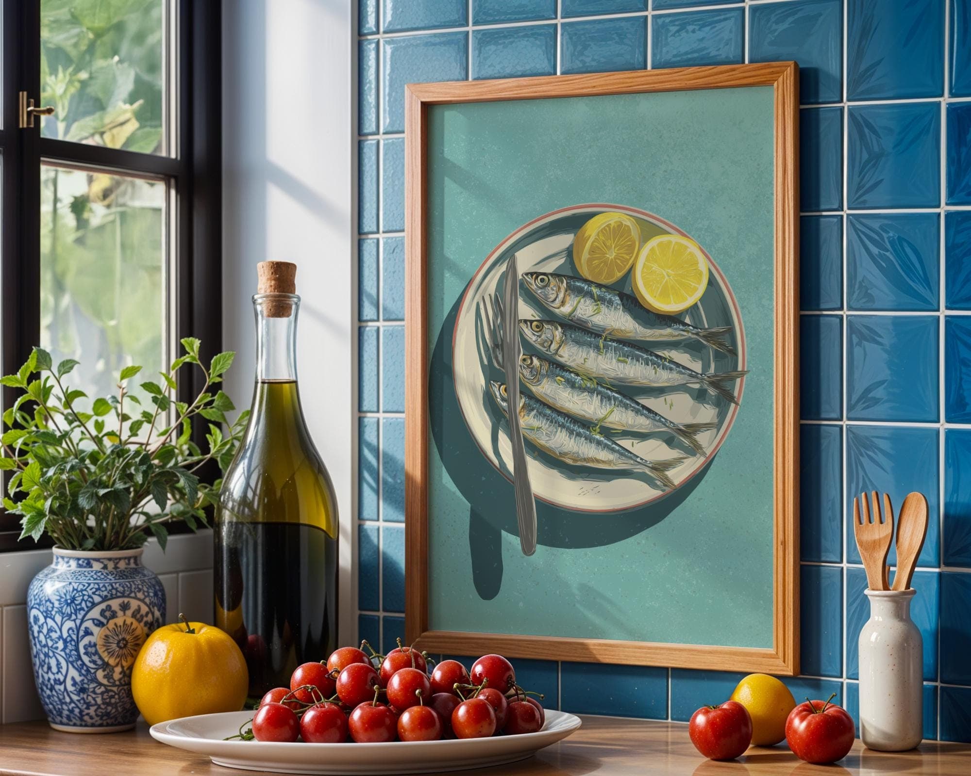 Mediterranean Sardine Plate – Rustic Coastal Kitchen Art, Mediterranean Coastal Wall Print, Sardines Painting, Digital Download, Sardine Art - view 3