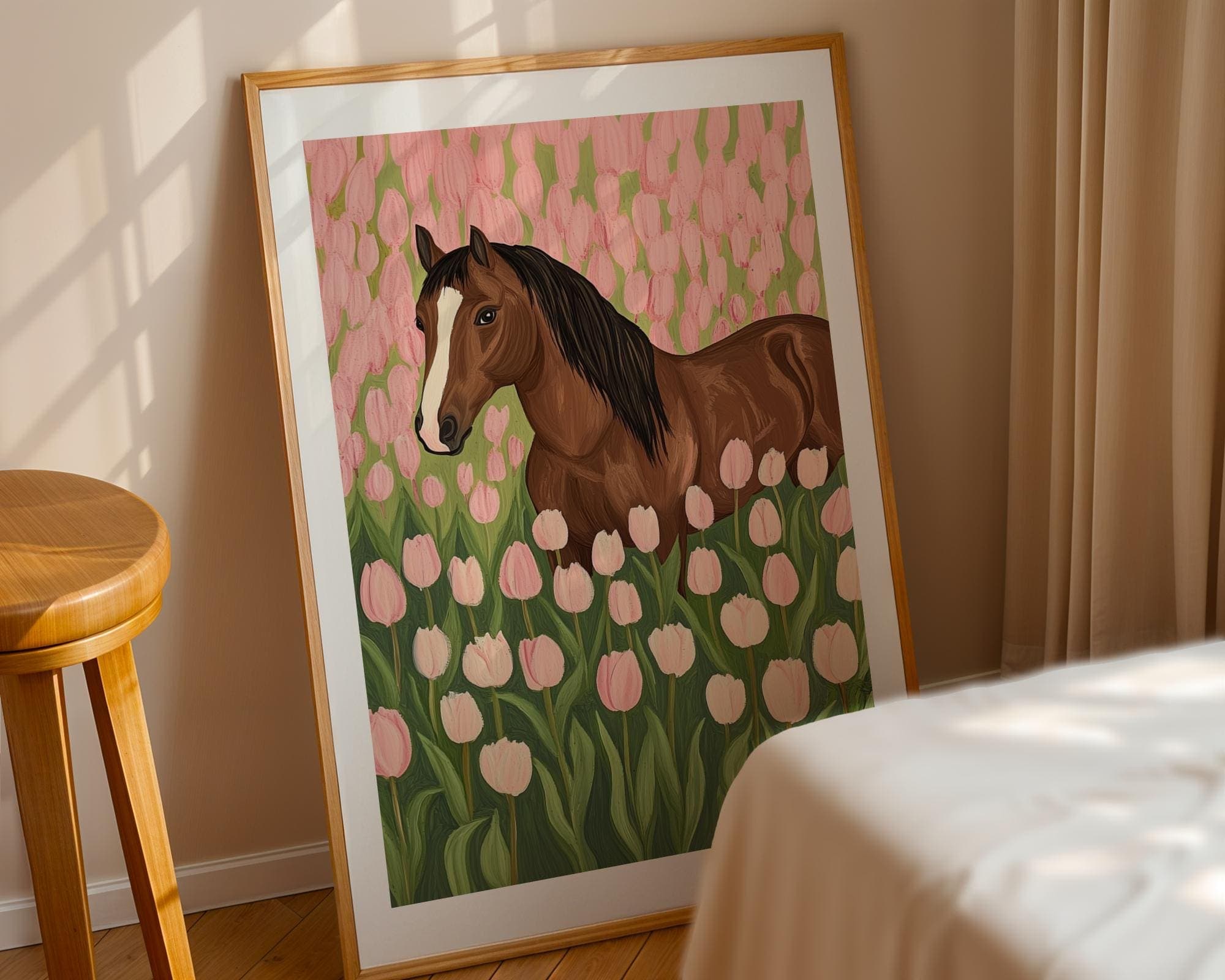 Floral Horse Art Print, Horse in Pink Tulip Field Poster, Farmhouse Horse and Floral Art, Pink Tulip Wall Decor, Pink Wall Art,Horse Digital - view 7