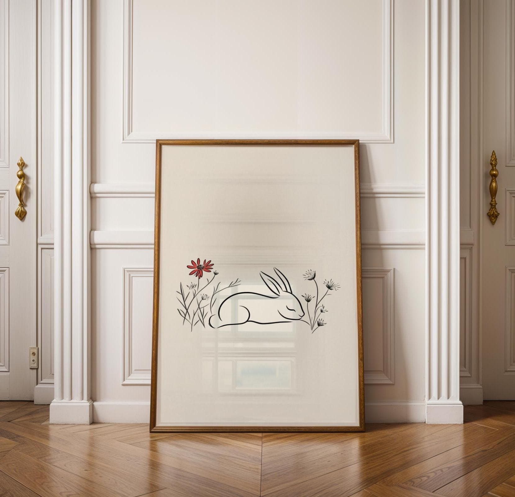 Minimalist Rabbit Wall Art, Scandinavian Animal Print, Minimalist Baby Room Art, Botanical Line Art Rabbit, Beige Botanical Wall Art