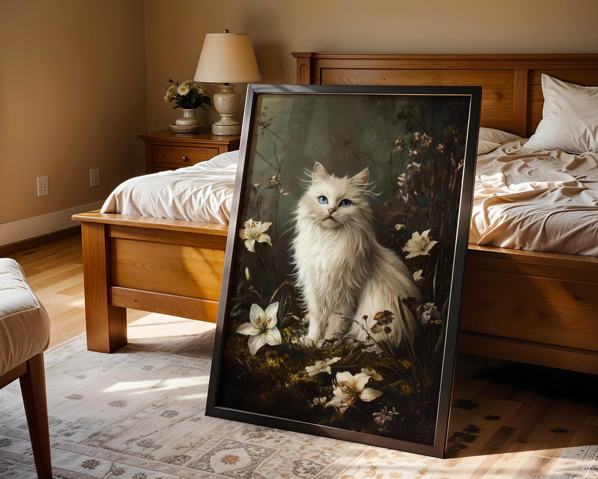 Botanical Cat Art, Floral White cat print, flower cat vintage poster, White Cat Floral Print, Cottagecore Cat Art, Digital Download - view 2