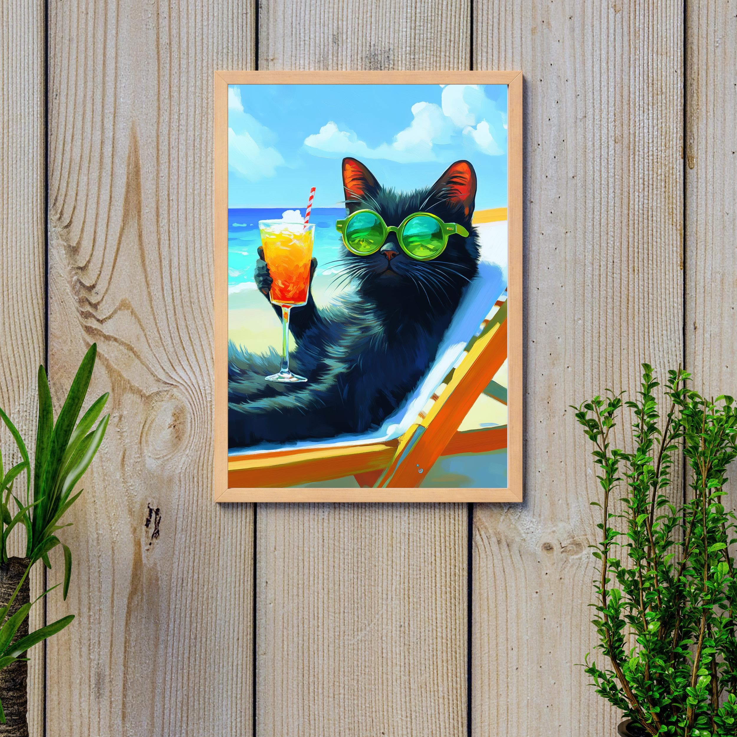 Sunbathing Cat Art Print, Black Cat Digital Poster, Black Cat Oil Painting, Colorful Cat Print, Matisse Cat Print, Summer Beach Cat Art - view 3