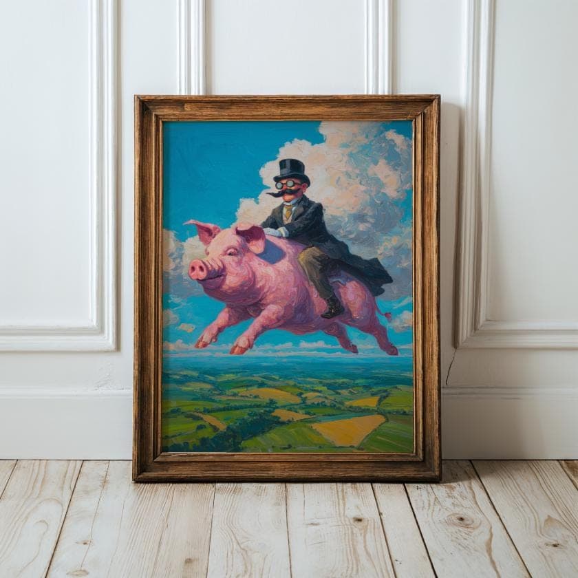 Flying Pig Wall Art – Surreal Vintage Gentleman Riding Pig Print, Digital Wall Art, Sepia Surreal Art, Retro Fantasy Wall Decor, Funny Pig