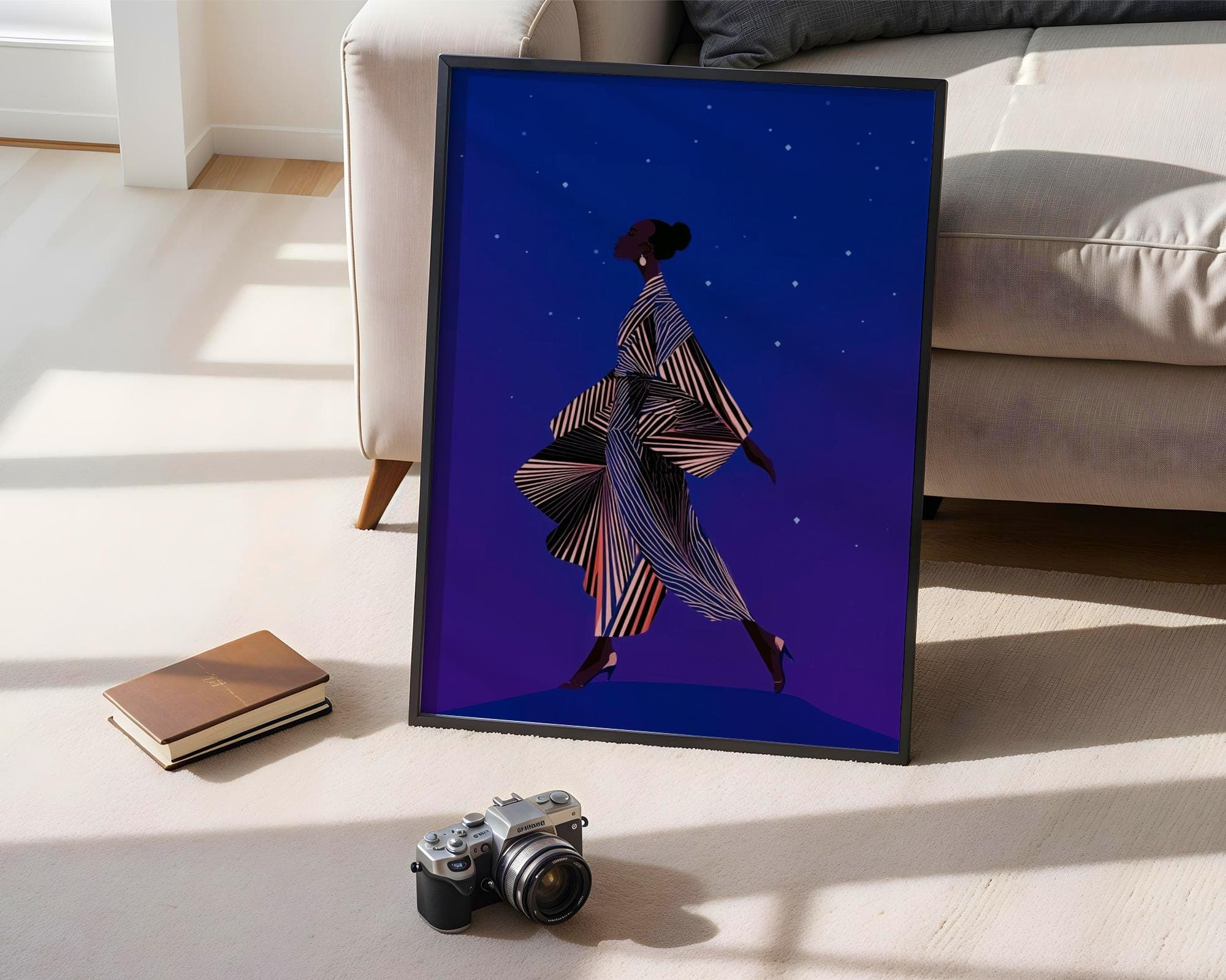 Modern African Woman Wall Art, Contemporary Minimalist Woman Art, Starry Night Fashion Wall Art, Minimalist Silhouette Wall Decor, Ethnic - view 3
