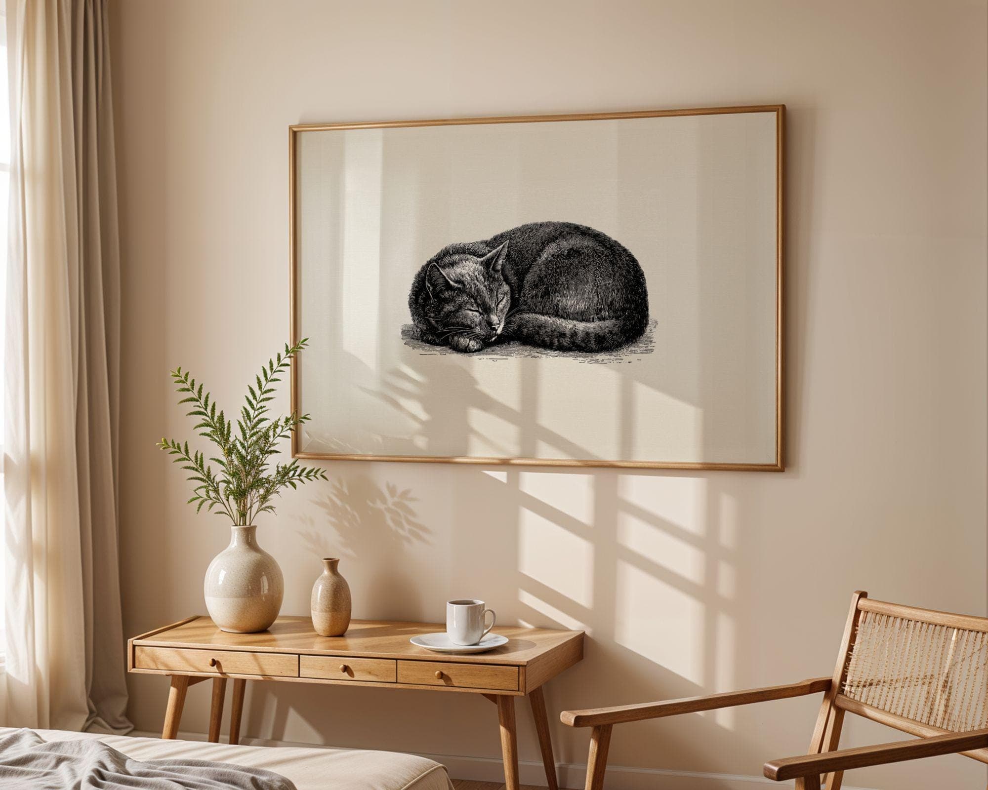 Sleeping Cat Print, Ink Animal Wall Art, Pet Portrait Scribble Cat Minimalist Line Art, Playful Cat Digital Download, Cat Lovers Gift - view 2