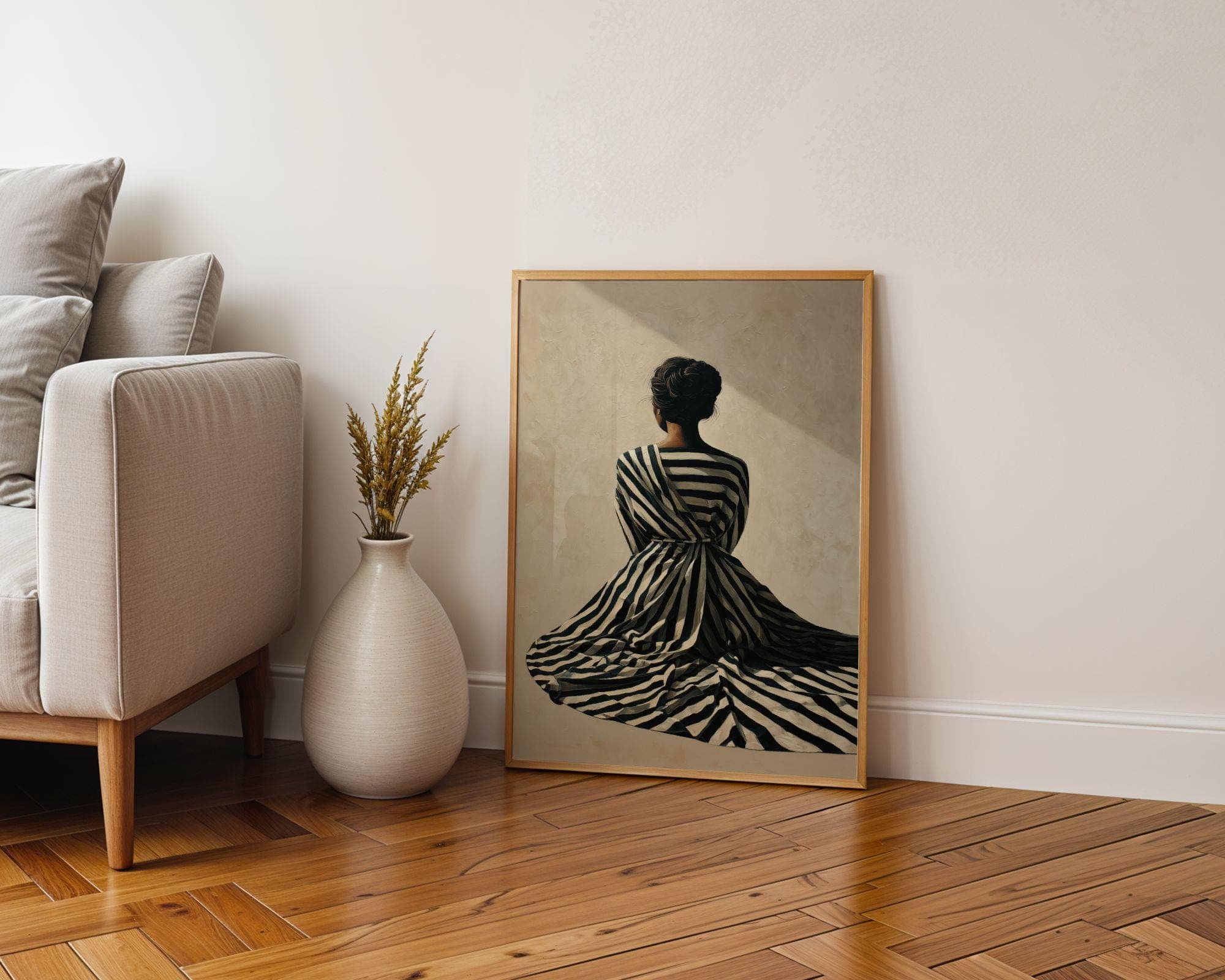 Black Woman Wall Art, Fashion Portrait, Neutral Tone Wall Art, Striped Dress Woman Print, Chic Fashion Illustration Print, Modern Aesthetic