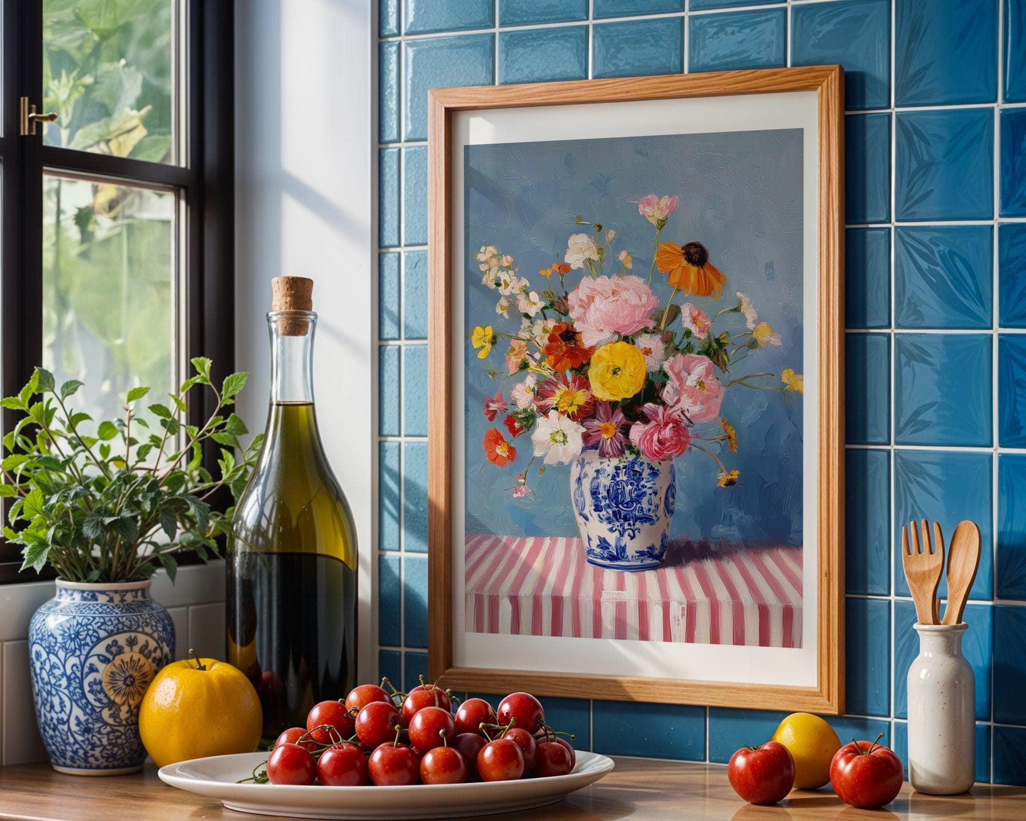 Floral Wall Art Still Life – Colorful Bouquet in Blue Vase, Pastel Kitchen Decor, Colorful Floral Oil Painting, Flower Oil Painting - view 6