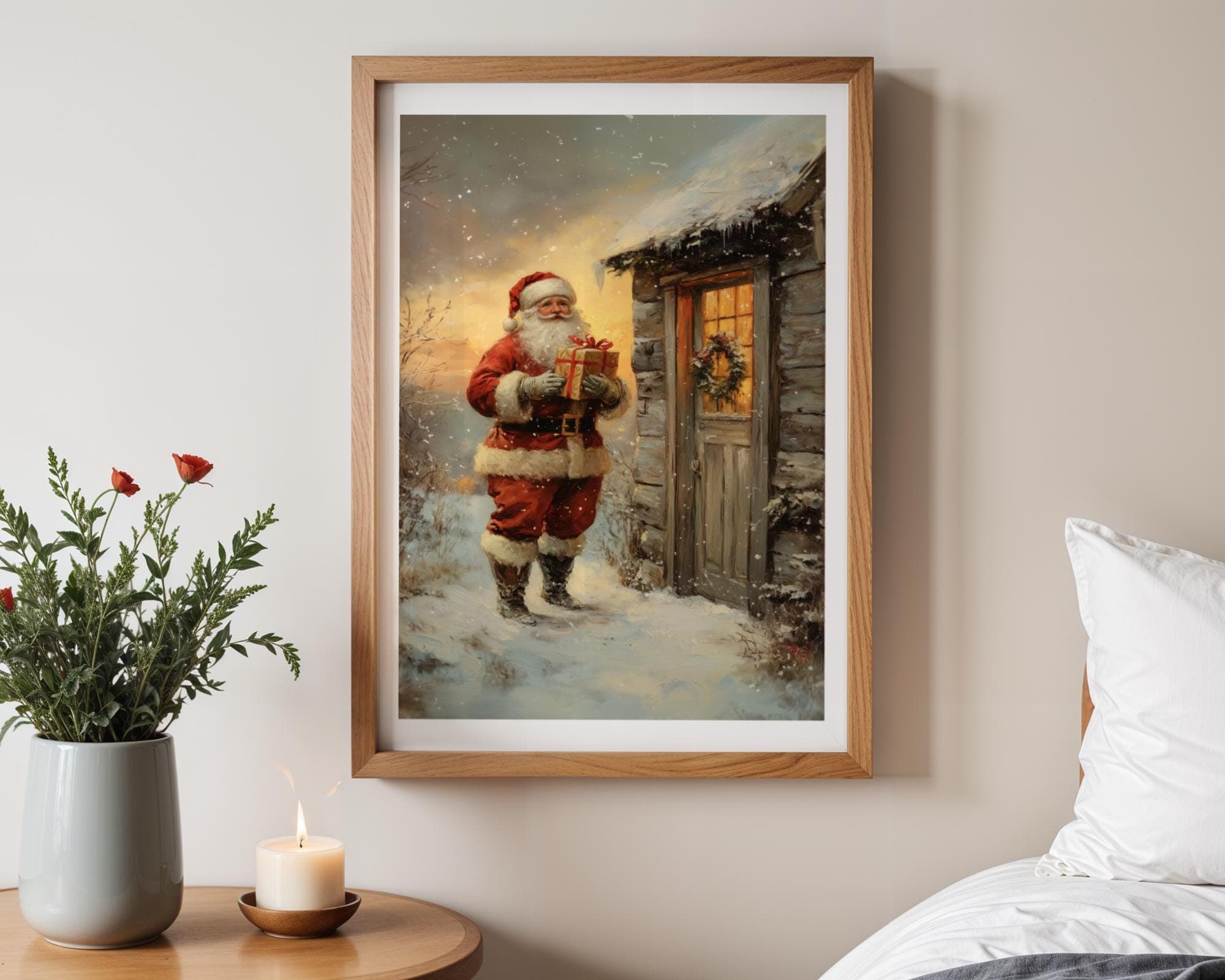 Santa Delivering Christmas Gift Poster, Digital Download, Christmas Eve Santa Art - Winter Wonderland Rustic Decor,Holiday Wall Art Painting - view 6