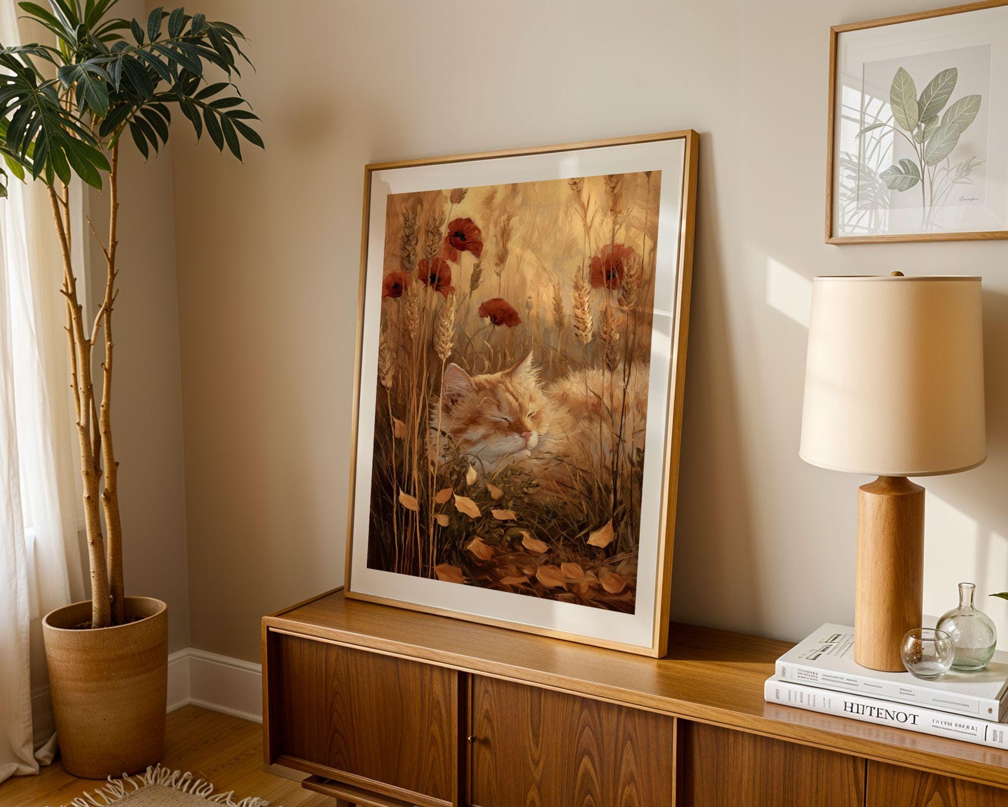 Cat Wall Art Print | Ginger Cat in Poppy Field, Cottagecore Cat Poster | Sleeping Tabby in Wheat, Nature Cat Poster, Tabby Cat in Wildflower - view 6