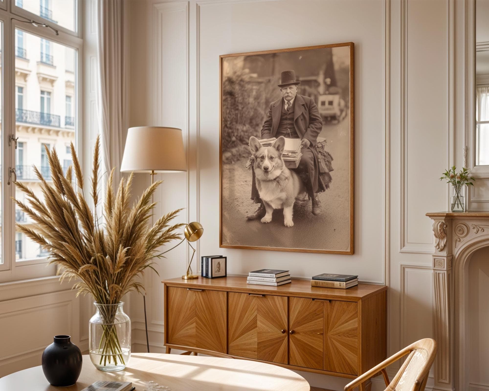 Vintage Man on Corgi Wall Art – Funny Sepia Dog Print, Funny Victorian Style Corgi Poster, Retro Animal Art, Quirky Dog Wall Print, Sepia - view 4