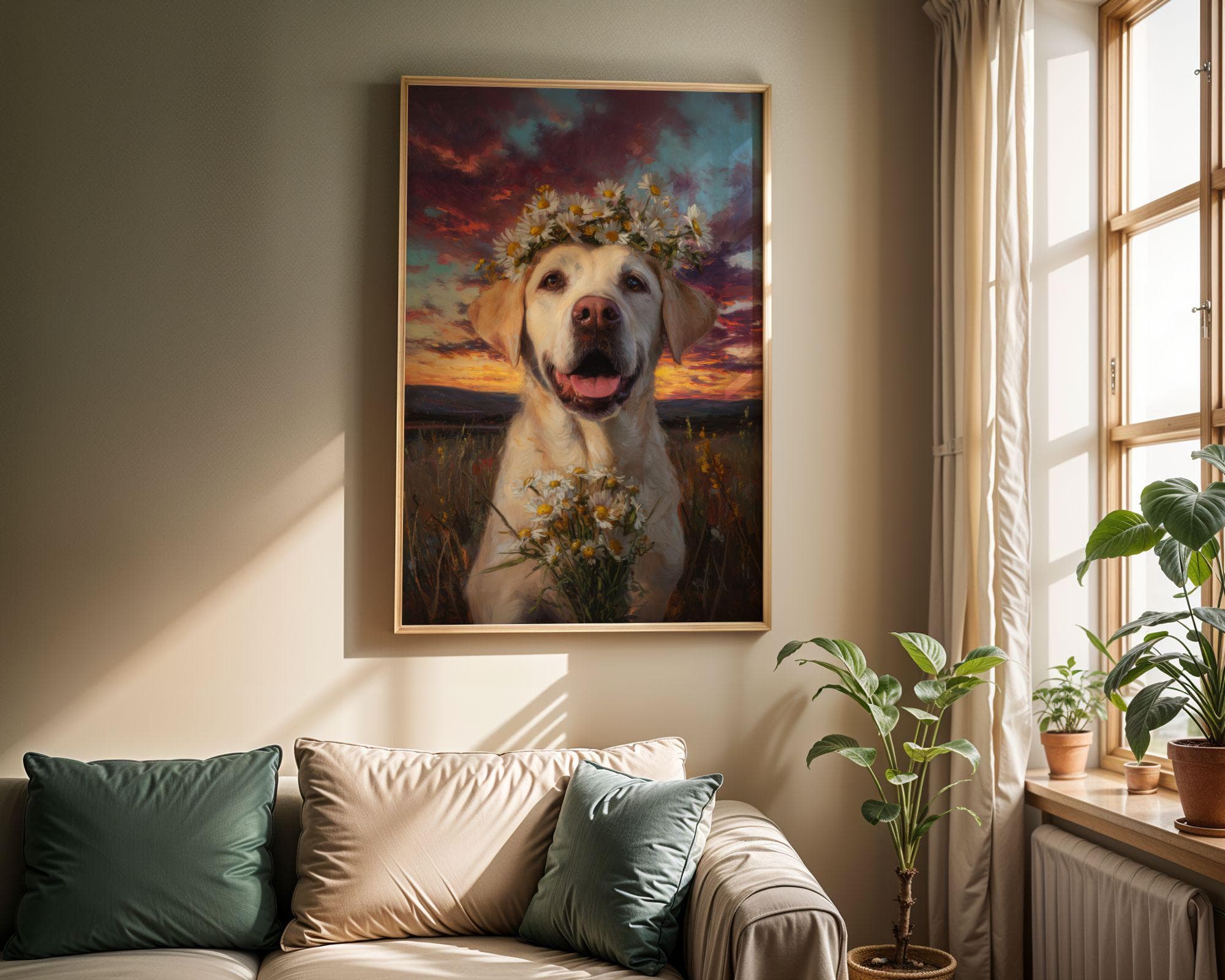 Labrador Wall Art Daisy Crown Dog Painting, Labrador Dog Wall Art Print, Floral Dog Painting, Yellow Lab Portrait, Sunset Field Art - view 7