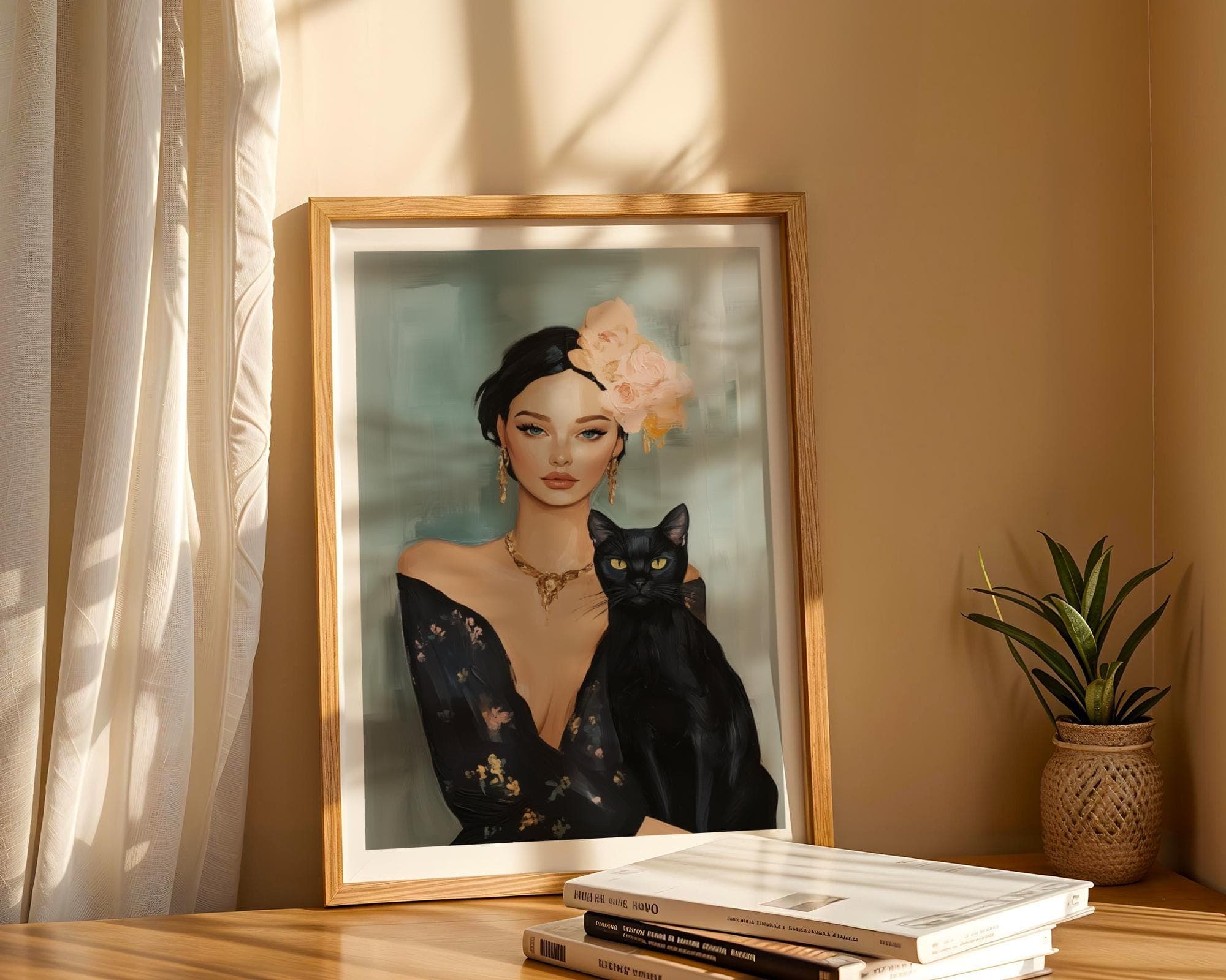 Chic Woman and Cat Portrait - Artistic Feminine Digital Painting, Vintage Aesthetic Woman and Cat Art, Earthy Tones Digital Painting Poster - view 5