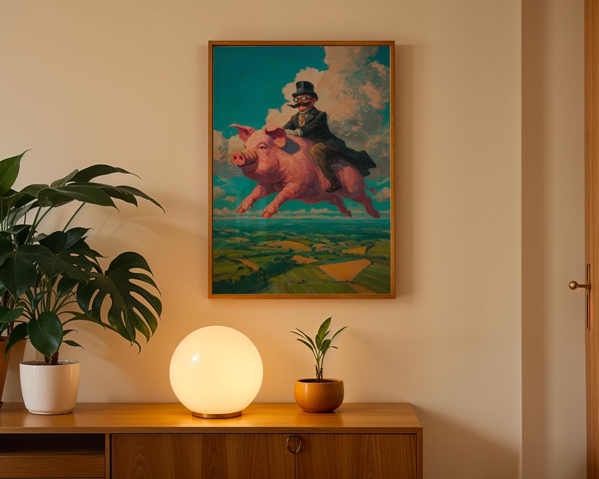 Flying Pig Wall Art – Surreal Vintage Gentleman Riding Pig Print, Digital Wall Art, Sepia Surreal Art, Retro Fantasy Wall Decor, Funny Pig - view 3