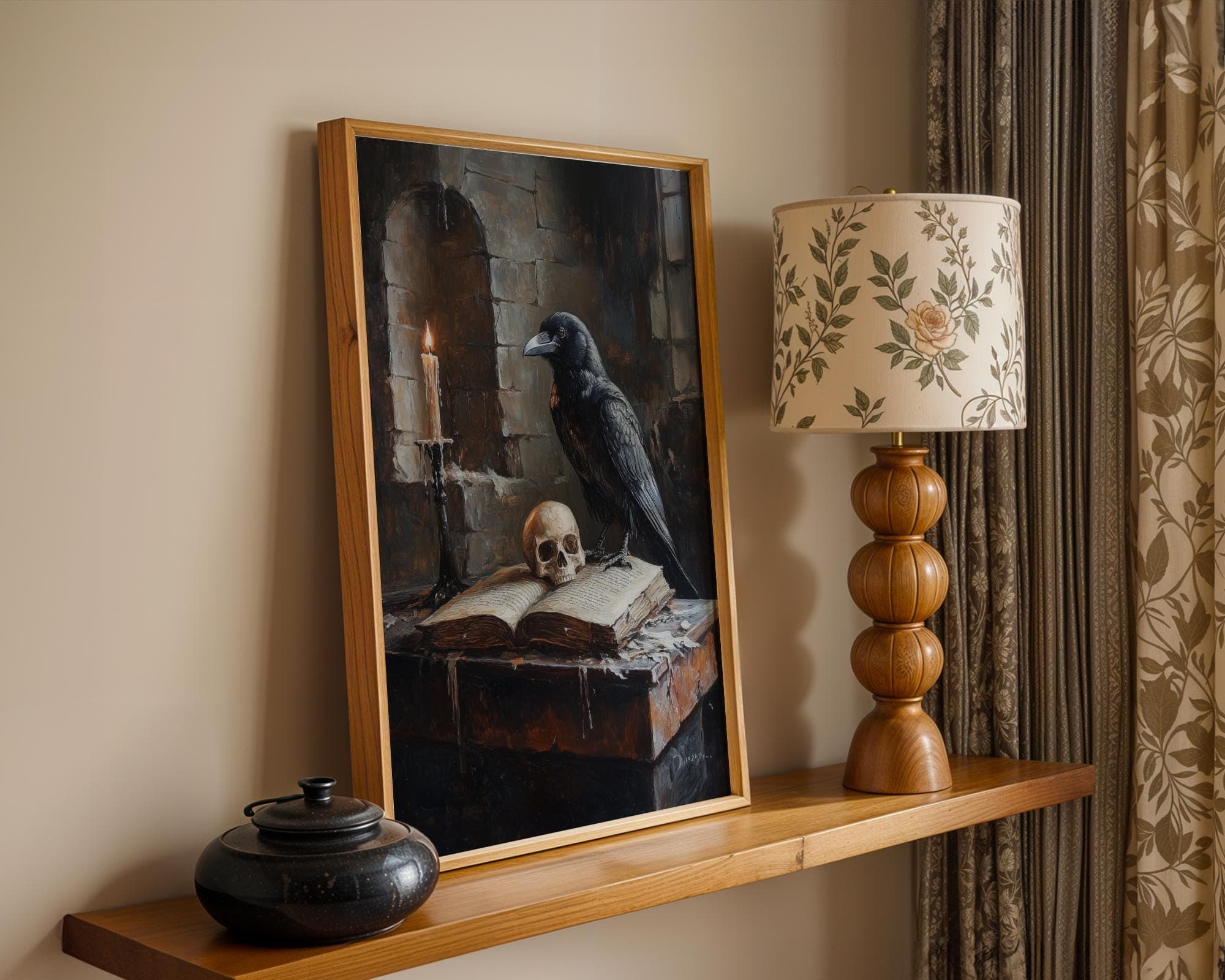 Gothic Raven Skull Grimoire Wall Art, Dark Academia Candle Book Painting, Witchcore Occult Decor Print, Macabre Candlelit Raven Art Print - view 6