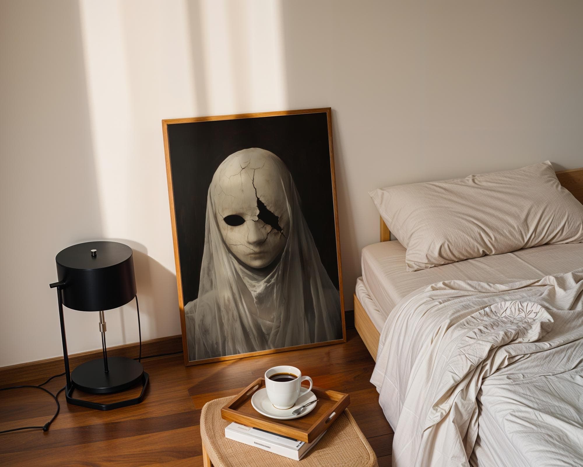 Haunting Veiled Mask Art, Surreal Masked Woman Wall Art, Surreal Gothic Wall Decor, Haunted Portrait Wall Print, Dark Academia Decor - view 4
