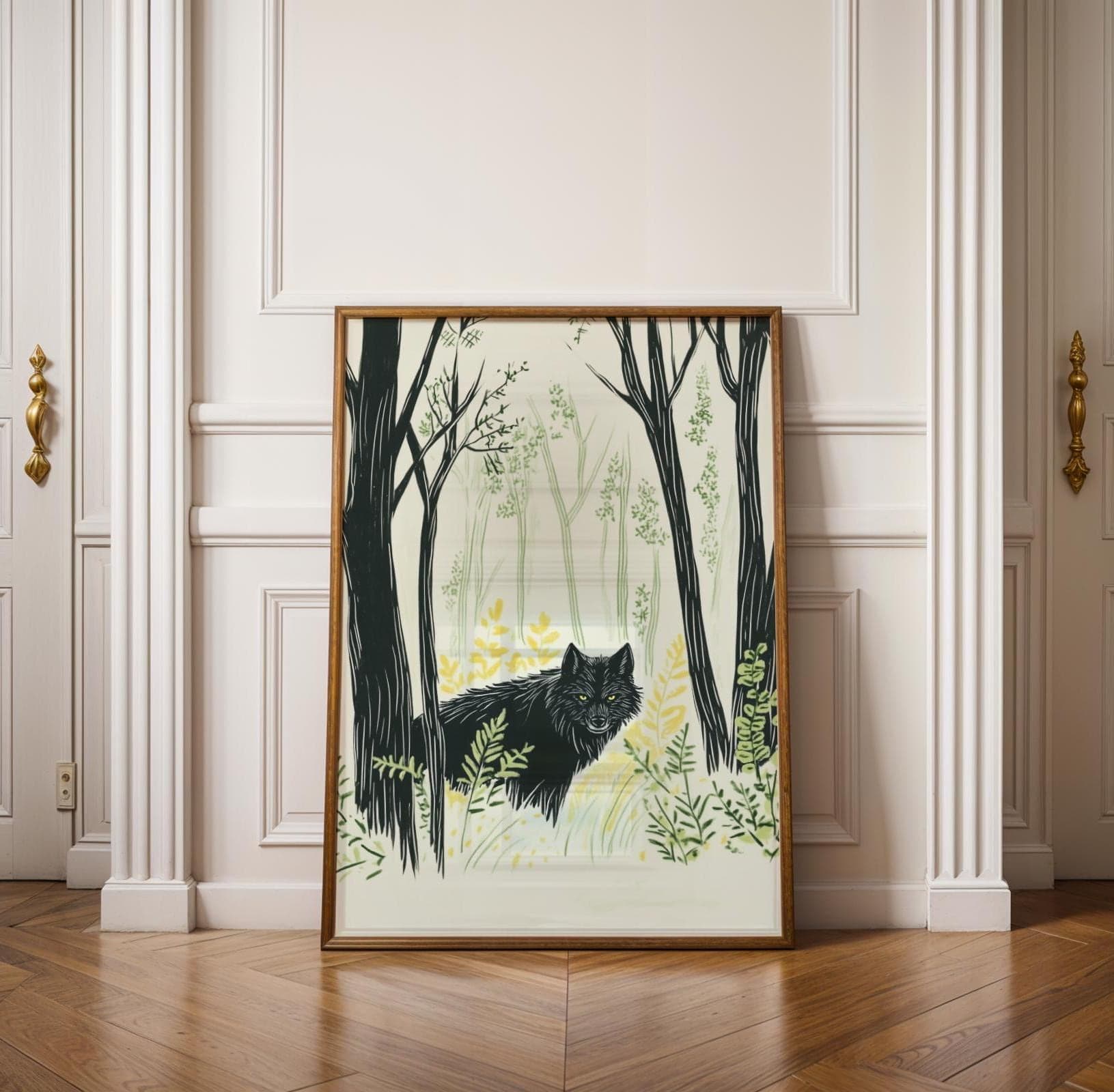 Mystical Black Wolf Wall Art, Rustic Black Wolf Painting, Forest Animal Print for Nature Lovers, Wildlife Art, Digital Download, Wolf Poster