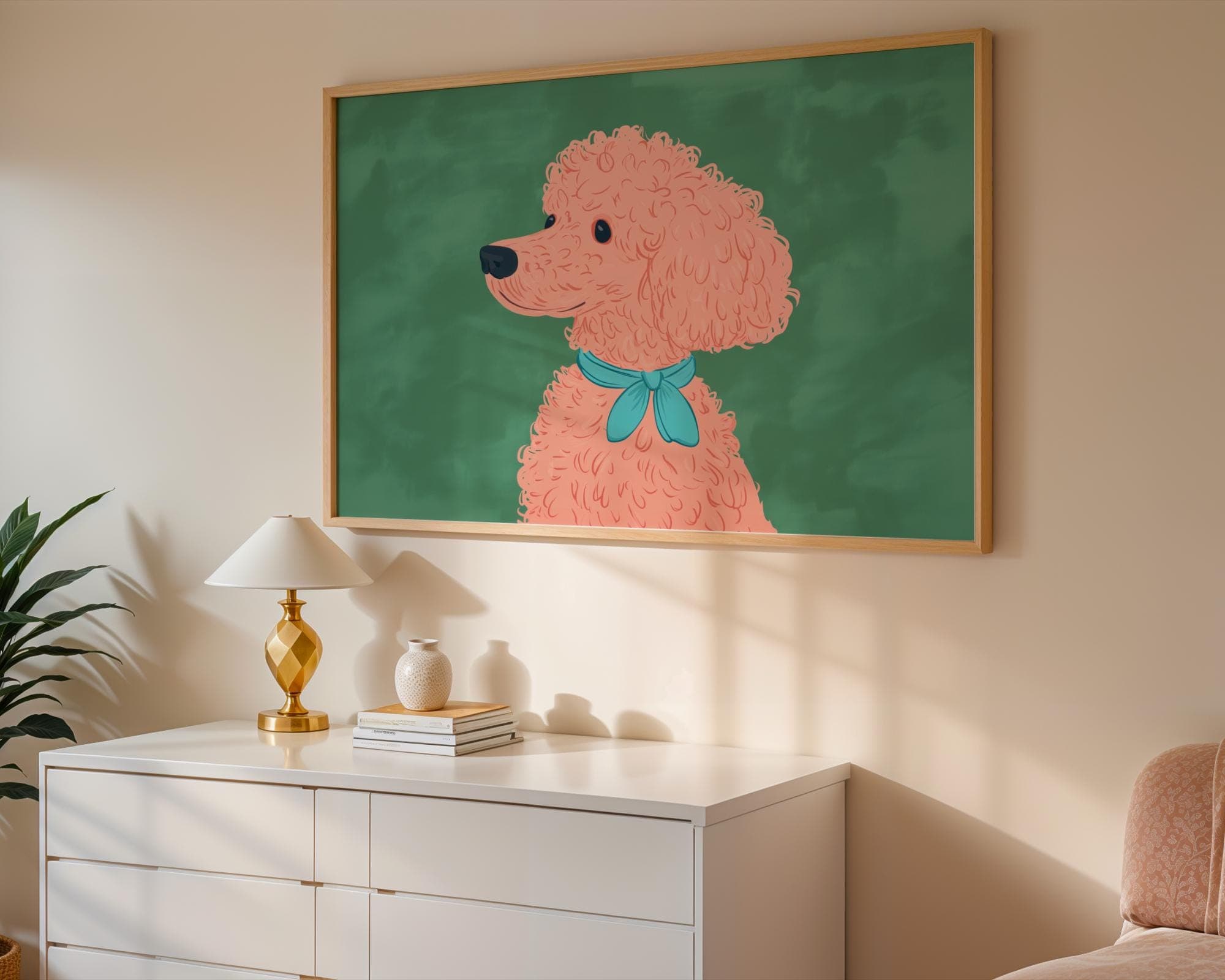Pink Poodle Cartoon Art, Cute Dog Wall Print, Kawaii Style Dog Print, Pop Art Poodle, Modern Pastel Pet Portrait for Girls Room, Digital Dog - view 2