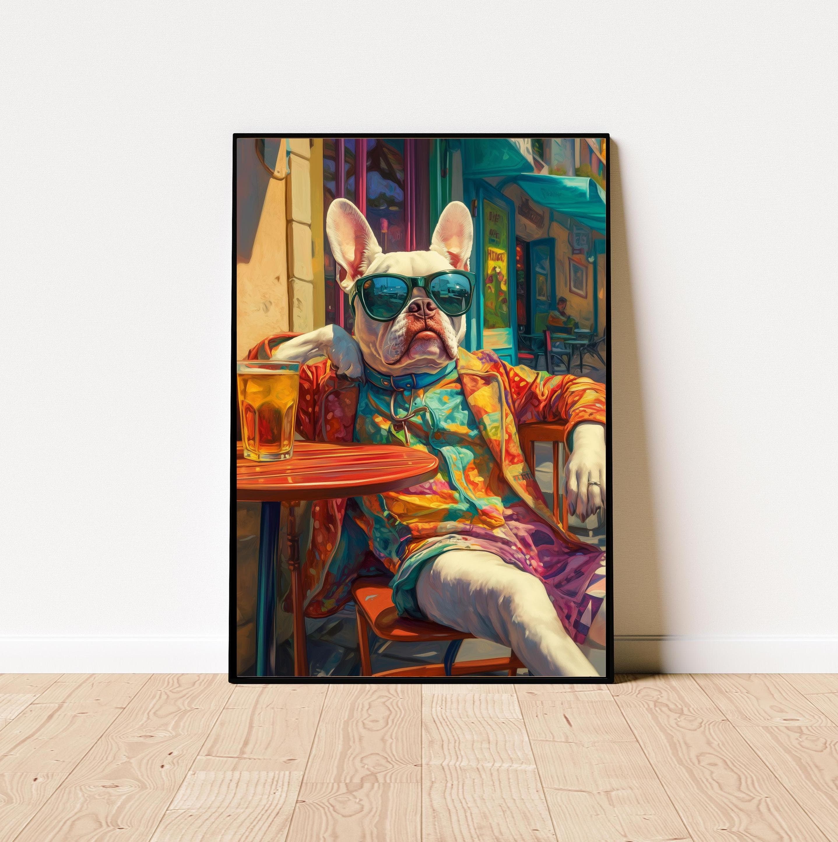 Cool French Bulldog Print, Cafe Scene, Colorful Dog Art (Digital Download)