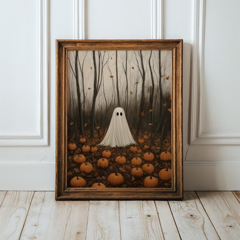 Ghost in the Woods with Pumpkins, Dark Academia, Cottagecore Spooky Decor, Halloween vintage poster, gothic oil painting, haunting ghost