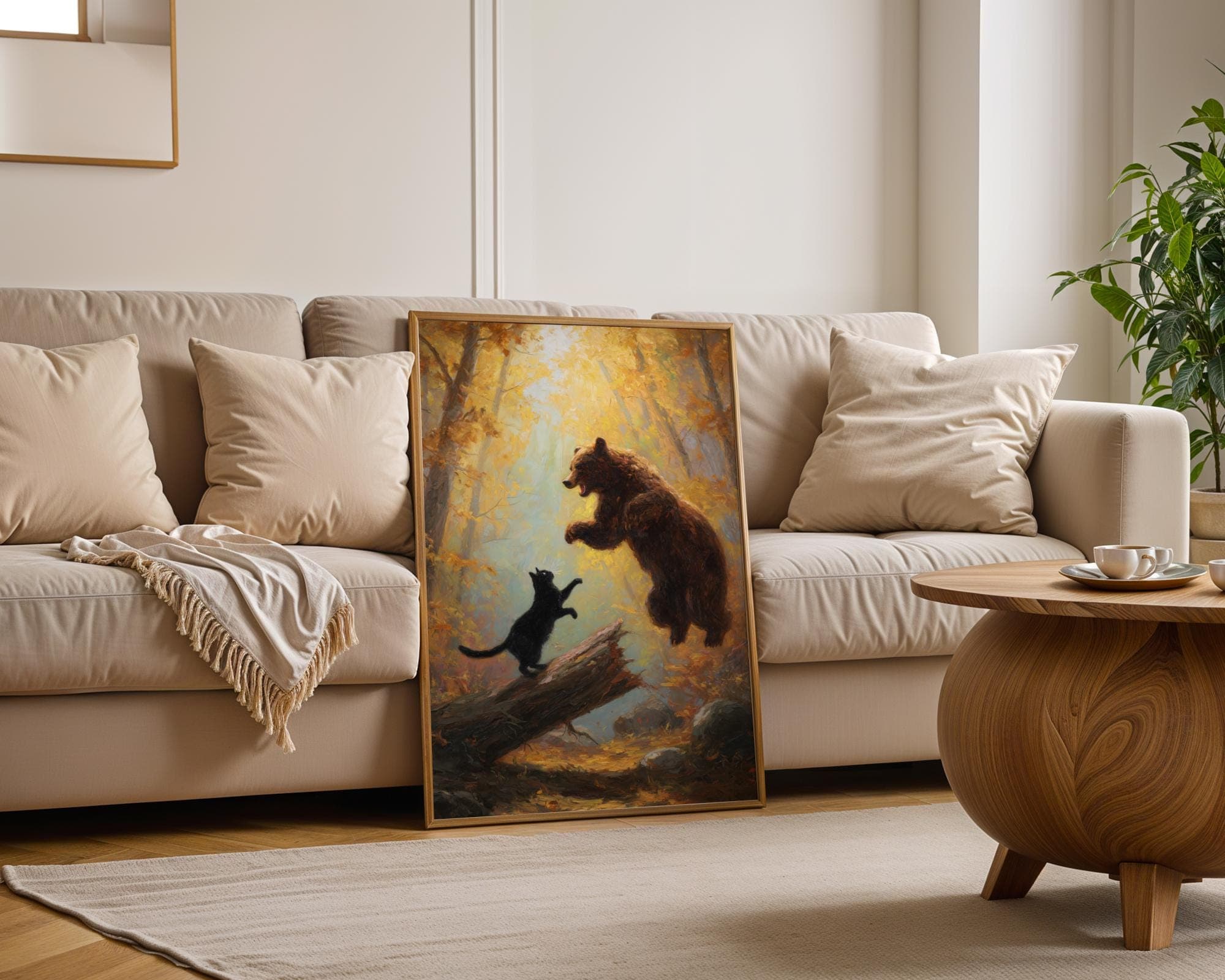 Bear and Cat Fantasy Print, Maximalist Cat and Bear Wall Art, Funny Black Cat Decor, Dramatic Oil Style Animal Painting, Funny Black Cat Art - view 4