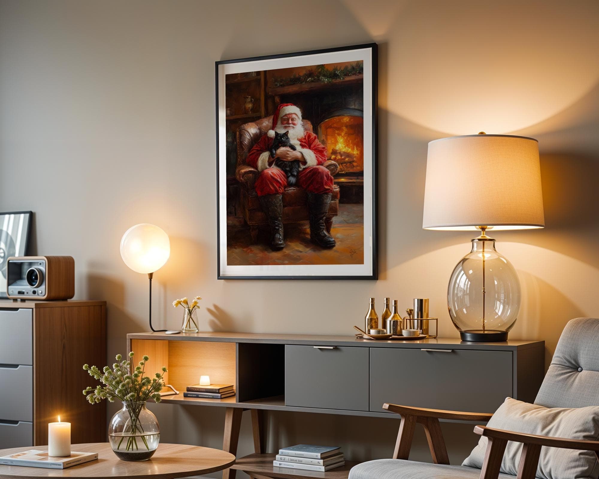 Santa Claus with Black Cat - Cozy Christmas Wall Art Print, Rustic Christmas Art, Warm Christmas Wall Art, Christmas Wall Decor, Digital Art - view 7