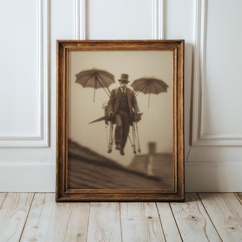Retro Jetpack Man Art Print, Vintage Sepia Print, Fantasy Victorian Wall Decor, Vintage Aesthetic Print, Quirky Victorian Invention Art