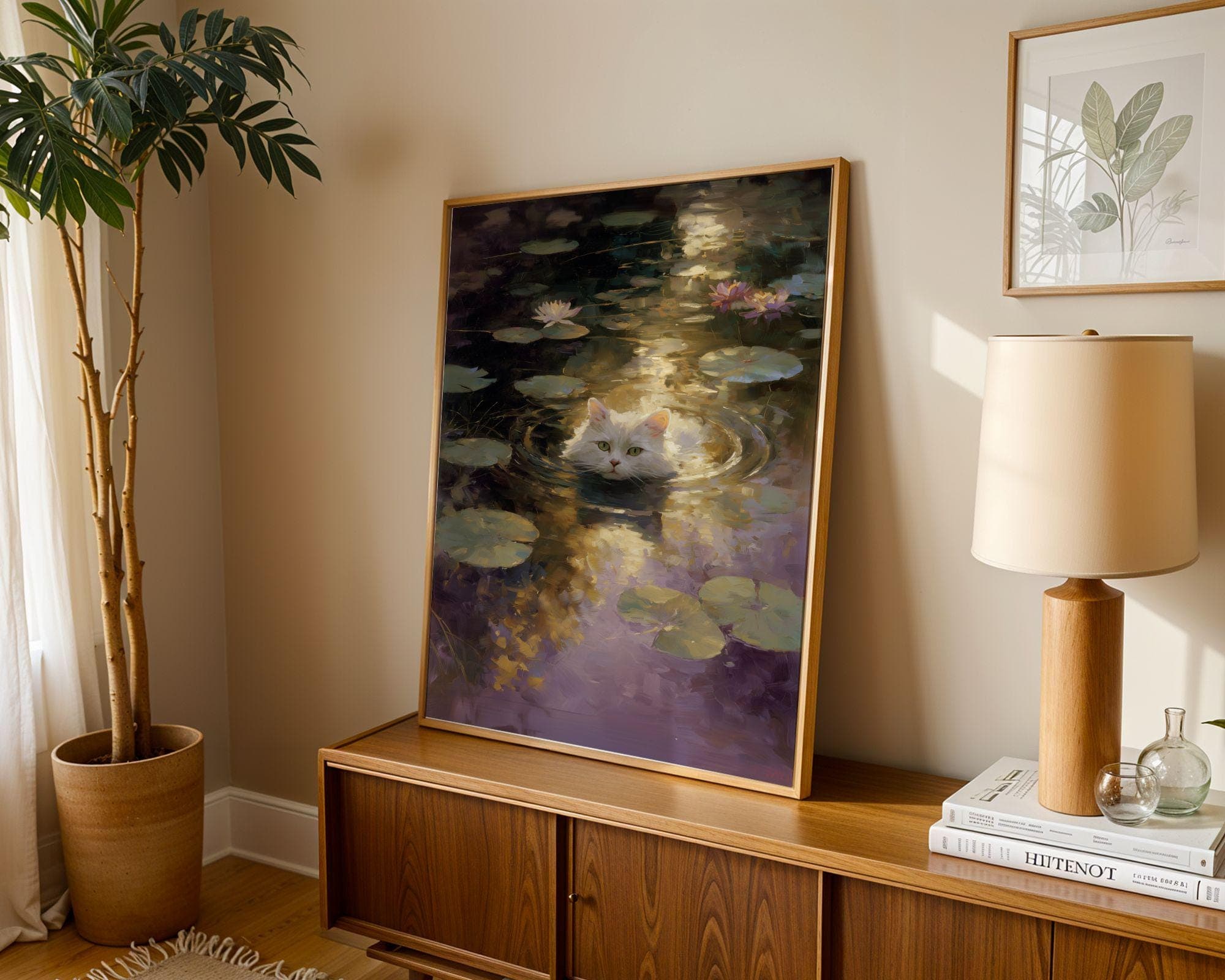 Dreamy White Cat Painting, Whimsical Cat Wall Art,Cottagecore Cat Poster, Dreamy Lily Pads, Pastel Cat Wall Art | Tranquil Pond Scene - view 6