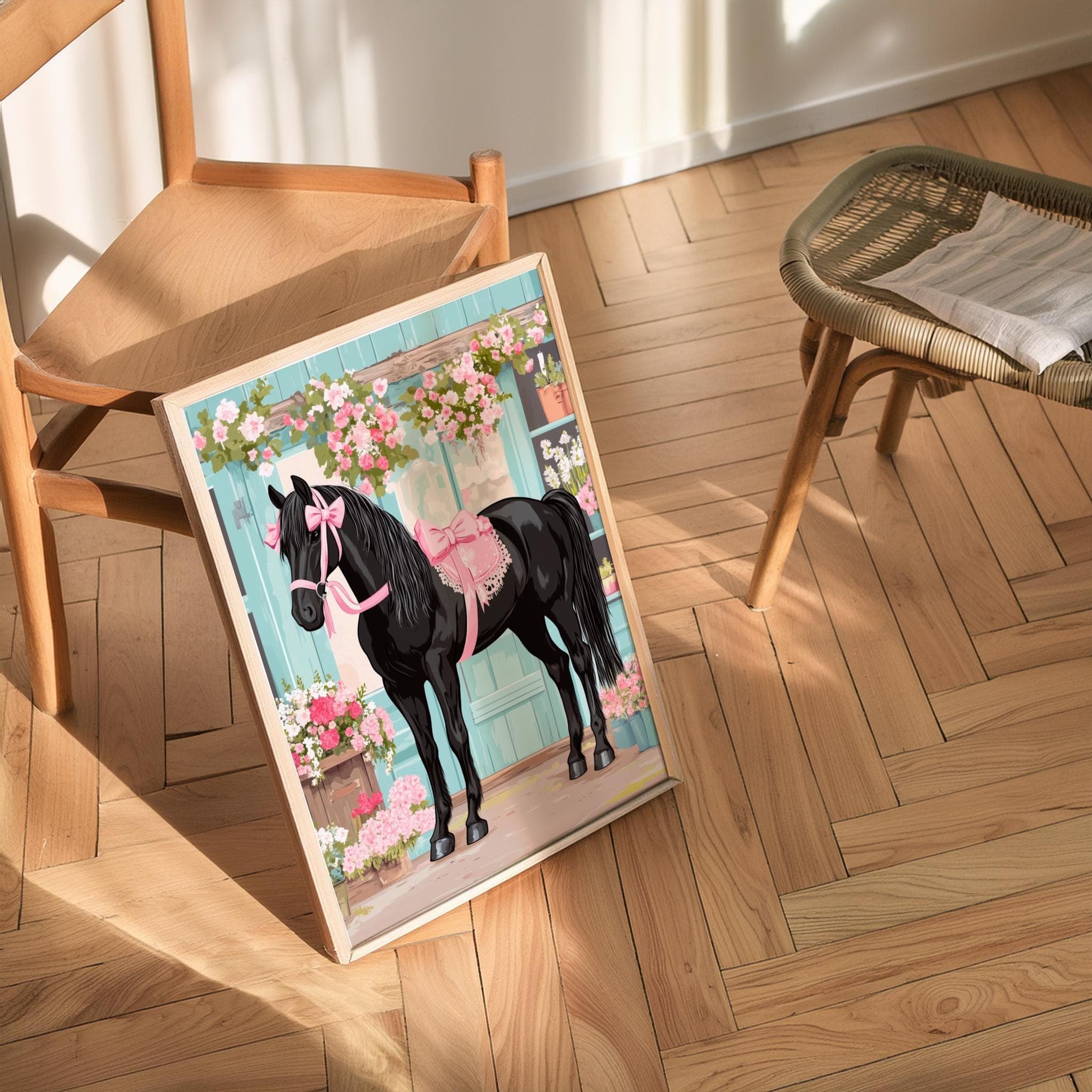 Black Horse with Pink Ribbons, Floral Stallion Art (Digital Download) - view 5