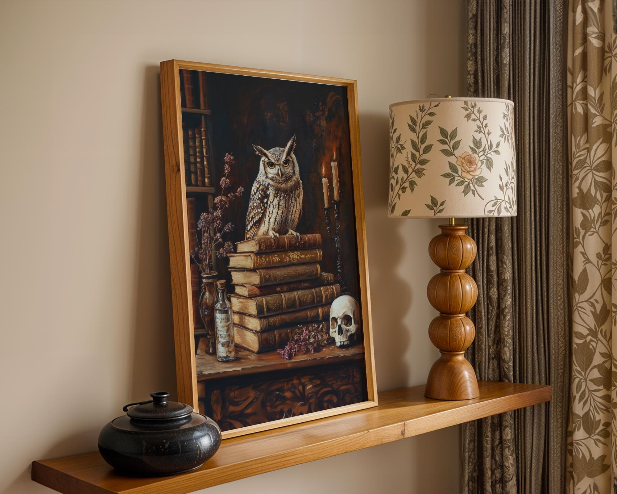 Gothic Owl and Skull Wall Art, Antique Owl Candlelit Art, Dark Academia Candlelit Library Painting, Vintage Book Stack Print, Gothic Art - view 2