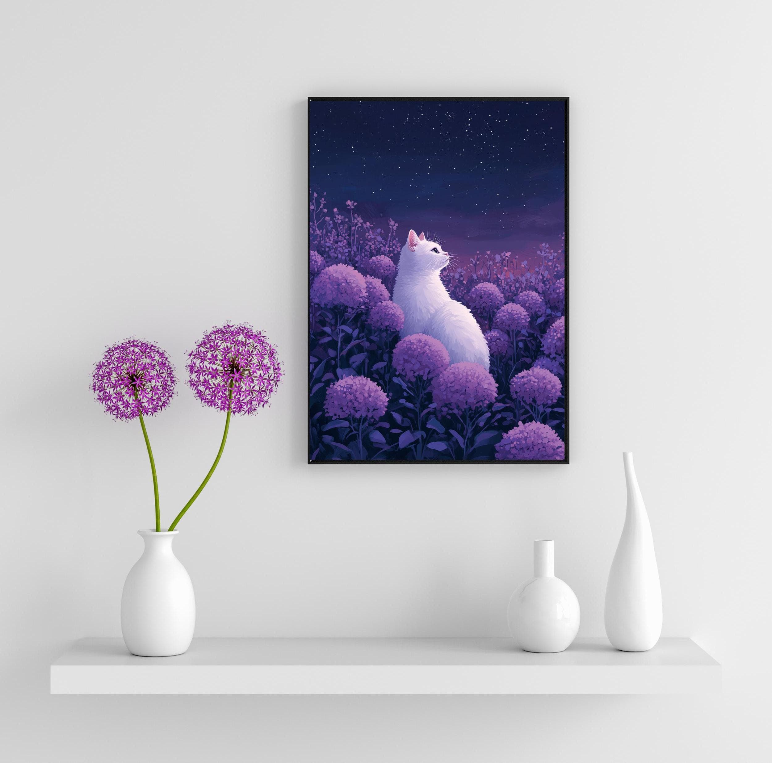 White Cat Under Starlit Sky - Purple Floral Art Print, Purple Floral Fantasy Art Print, White Cat with Lilac Flowers, White Cat Wall Print - view 2