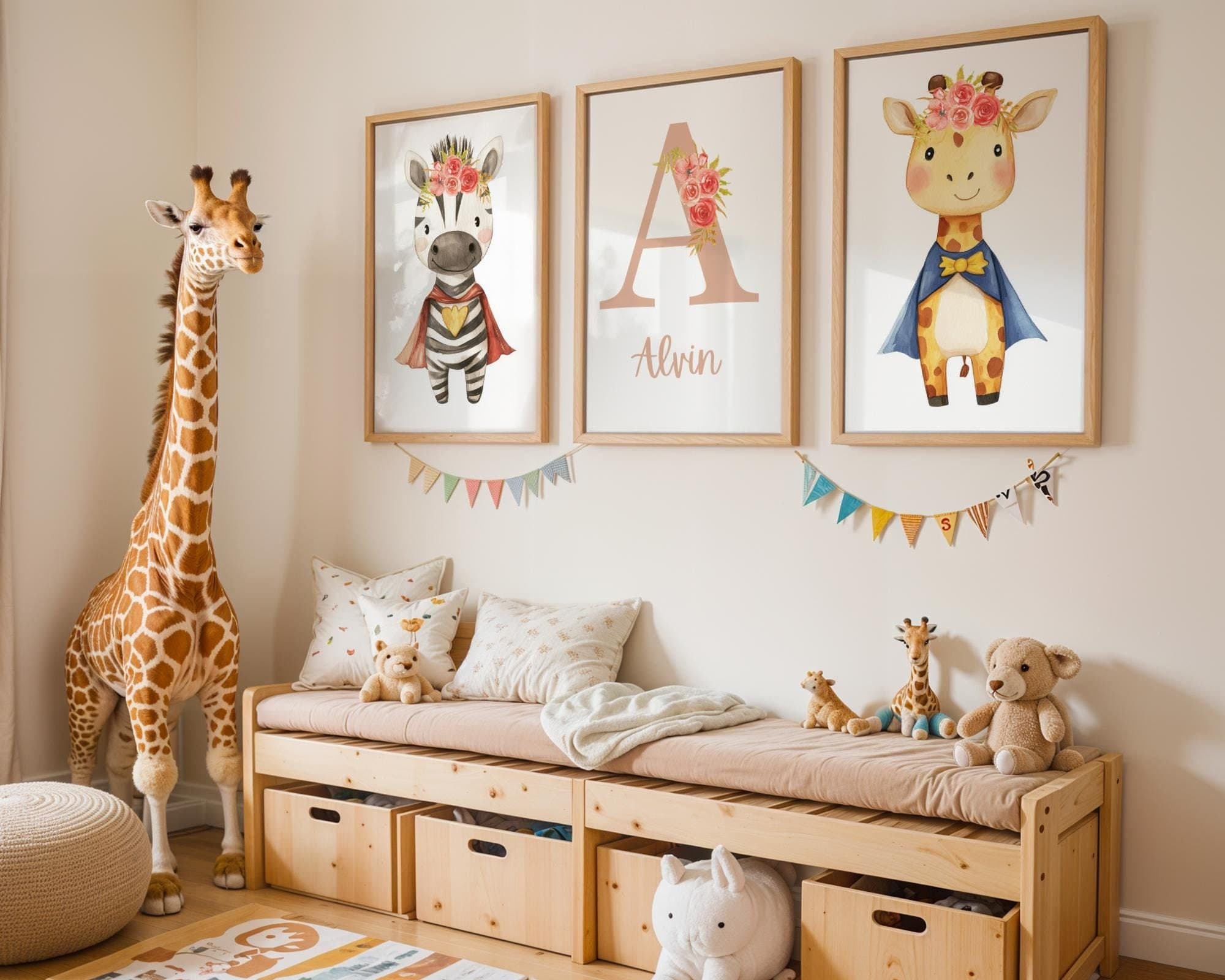 Custom Name Safari Superhero Animal Prints Bundle | Kid's Room Wall Art Printables | Personalized Nursery Poster | Playroom Decor Gender