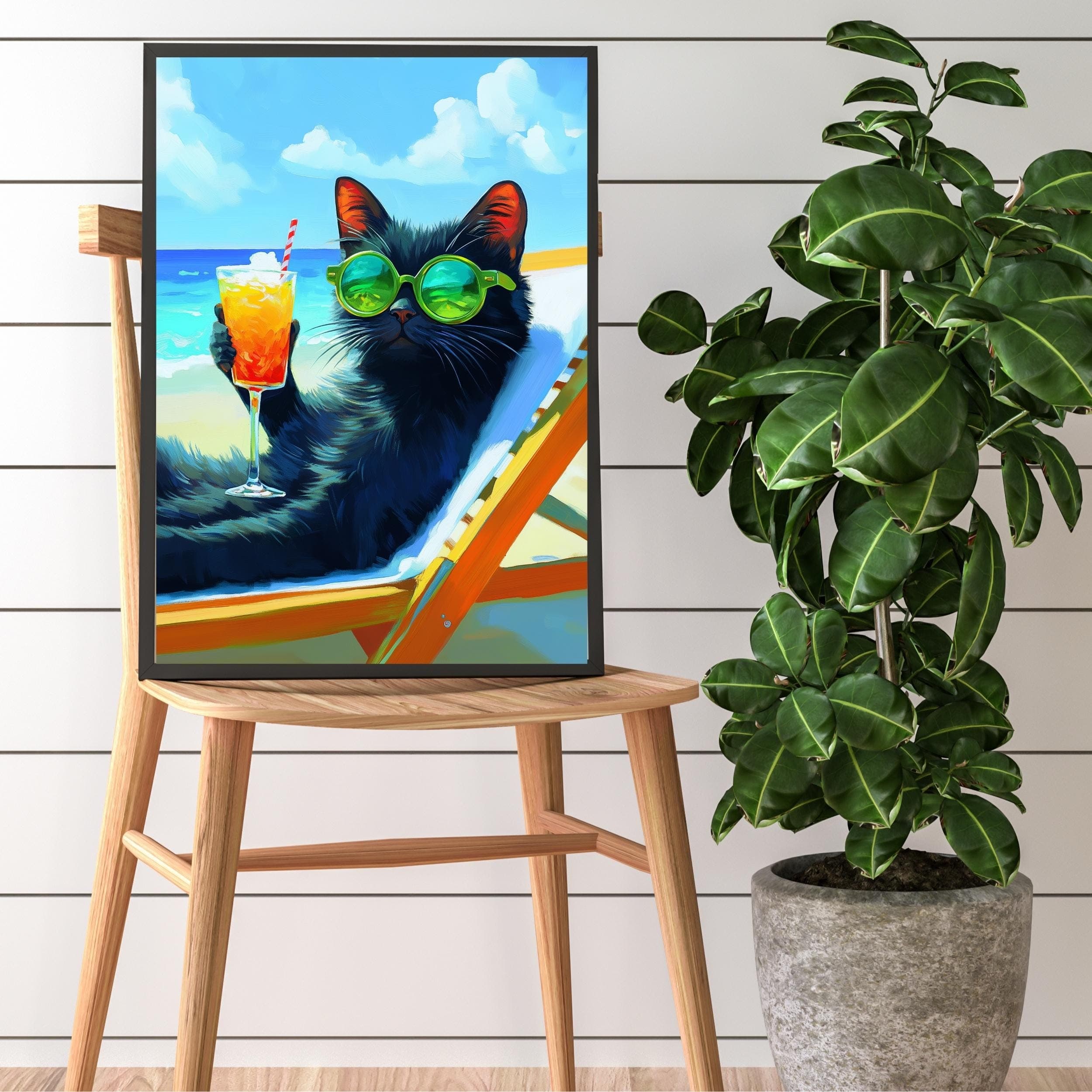 Sunbathing Cat Art Print, Black Cat Digital Poster, Black Cat Oil Painting, Colorful Cat Print, Matisse Cat Print, Summer Beach Cat Art - view 5