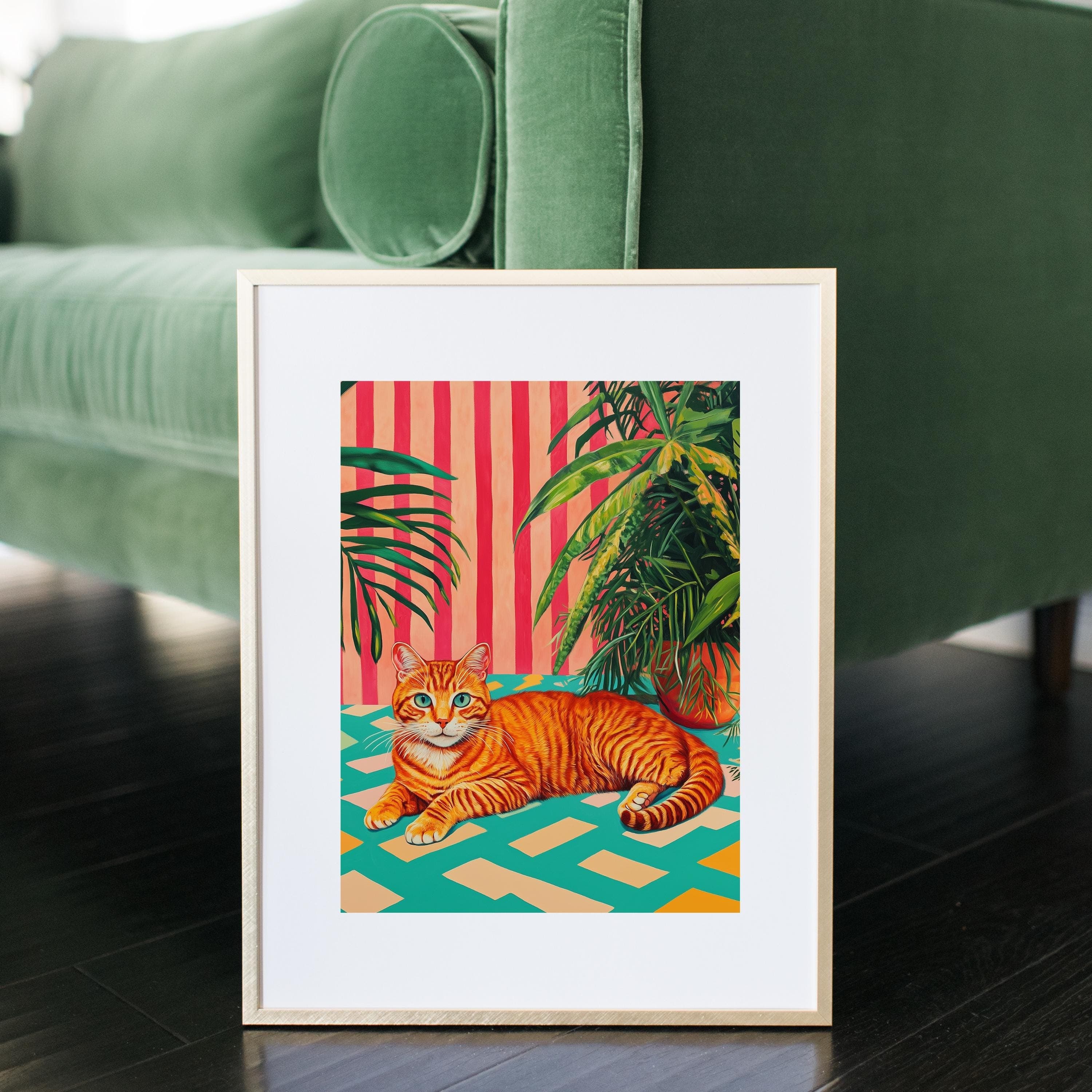 Orange Tabby Cat with Plants Poster, Modern Art Poster,Whimsical Orange Cat with Green Plants, Retro Striped Wall Art, Retro Vibes Art Print - view 3