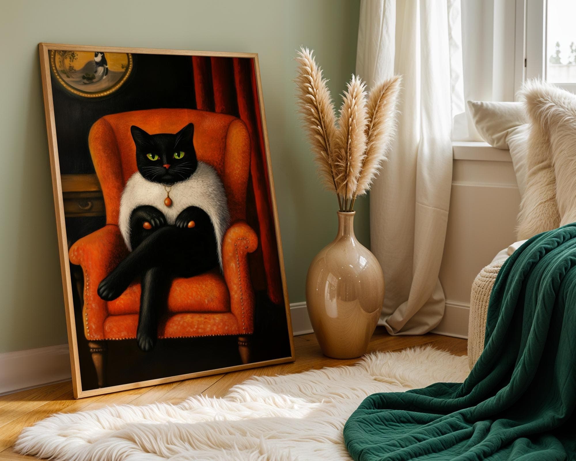 Vintage Black Cat Portrait, Orange and Black Decor Print, Black Cat in Orange Chair, Cool Cat Wall Art, Aristocratic Black Cat Wall Art - view 7