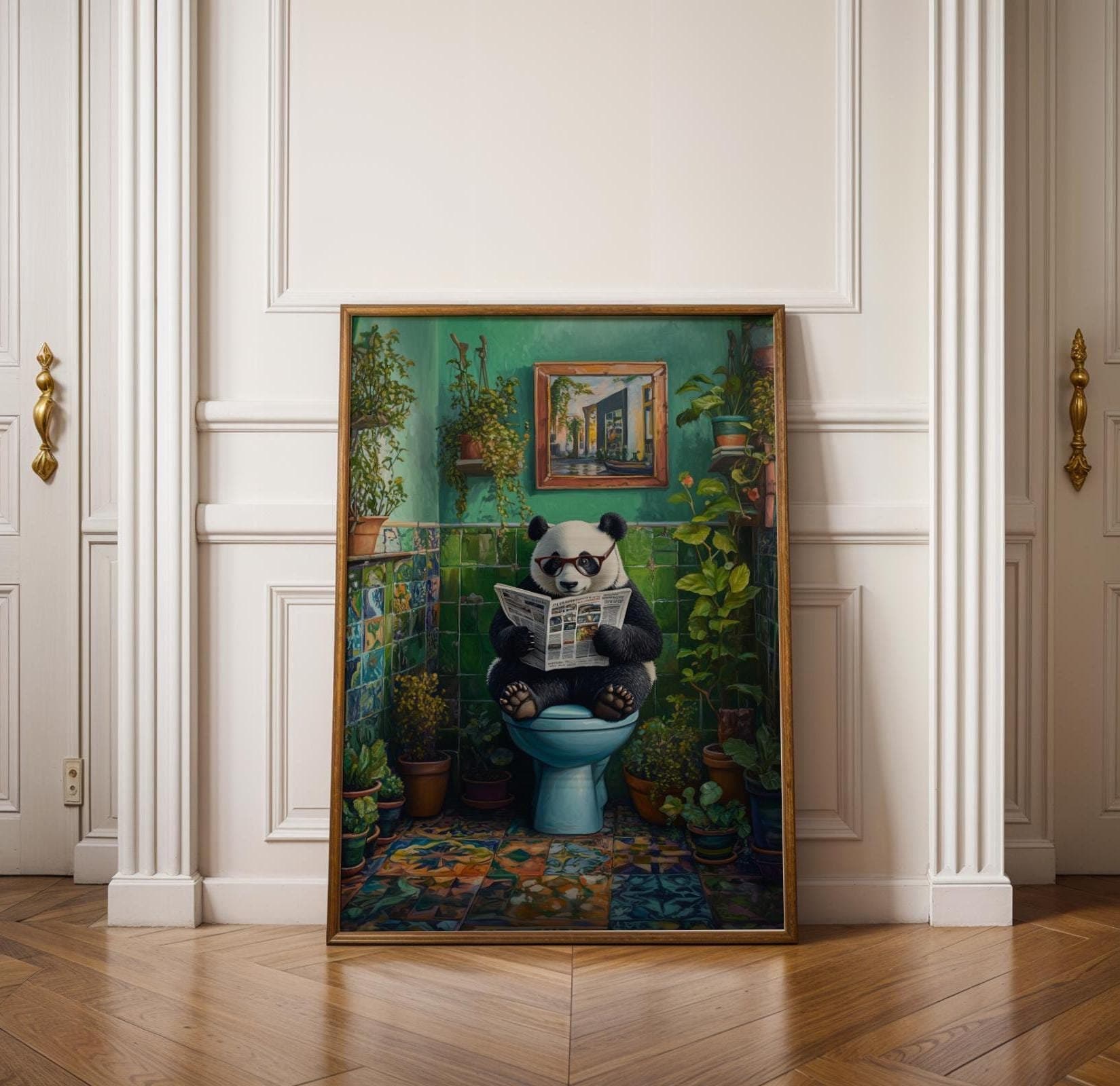 Funny Panda Bathroom Wall Art, Quirky Green Aesthetic Decor, Panda on Toilet Funny Art Print, Digital Download, Eclectic Bathroom Decor